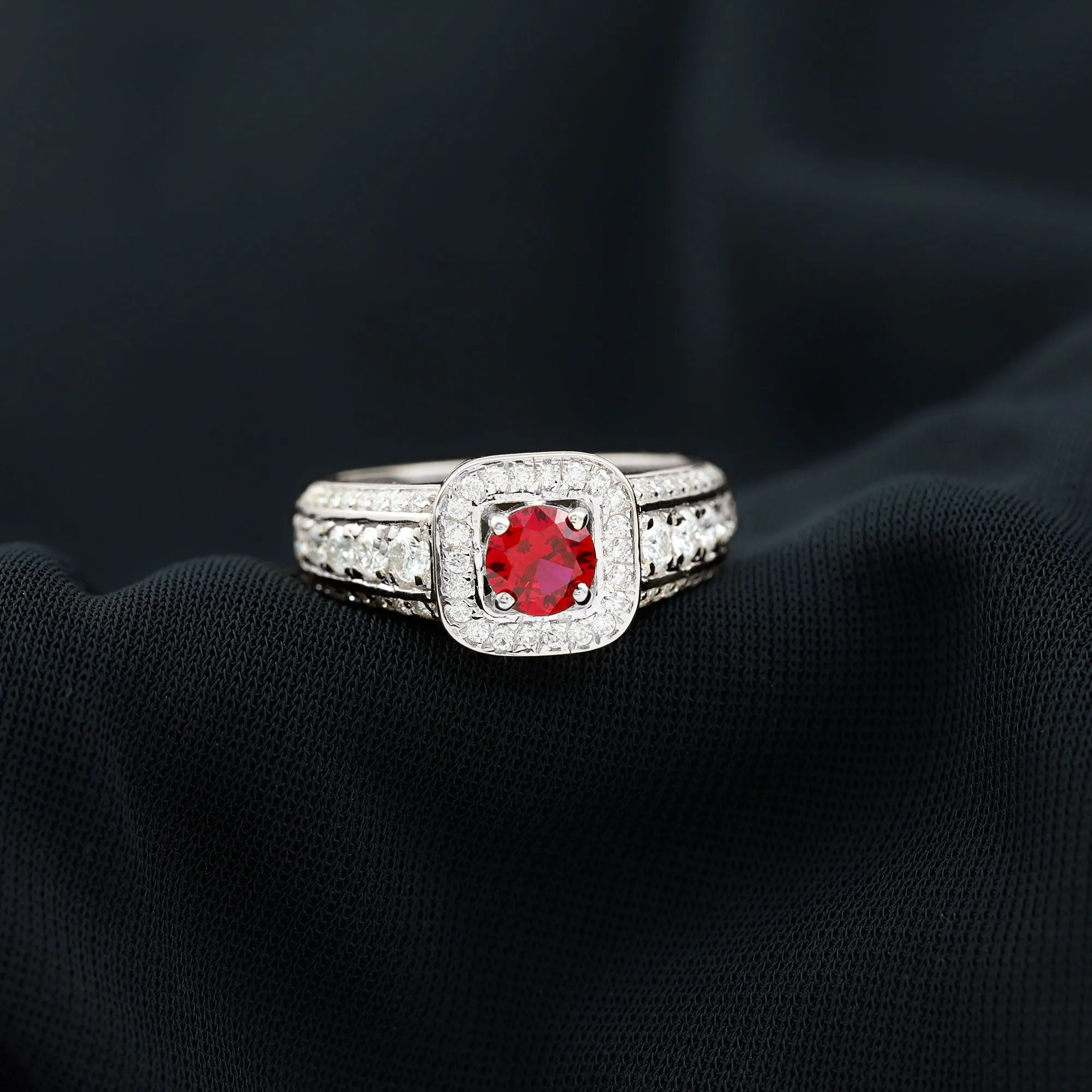 Lab Grown Ruby and Moissanite Halo Engagement Ring