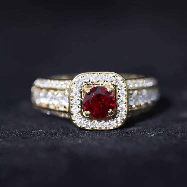 Lab Grown Ruby and Moissanite Halo Engagement Ring