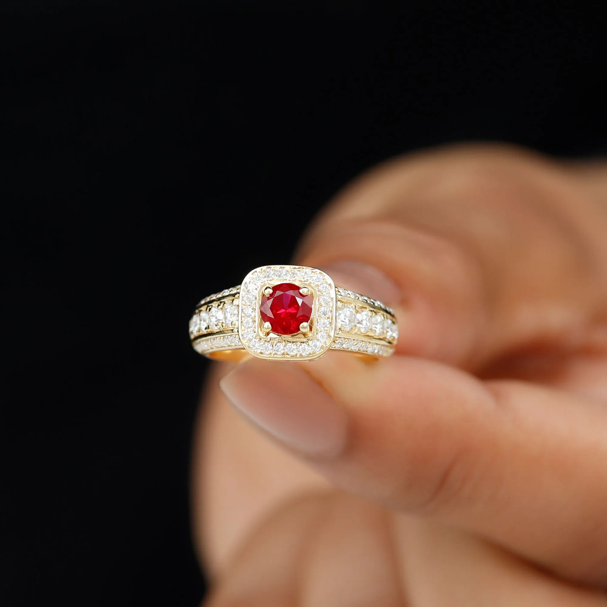 Lab Grown Ruby and Moissanite Halo Engagement Ring