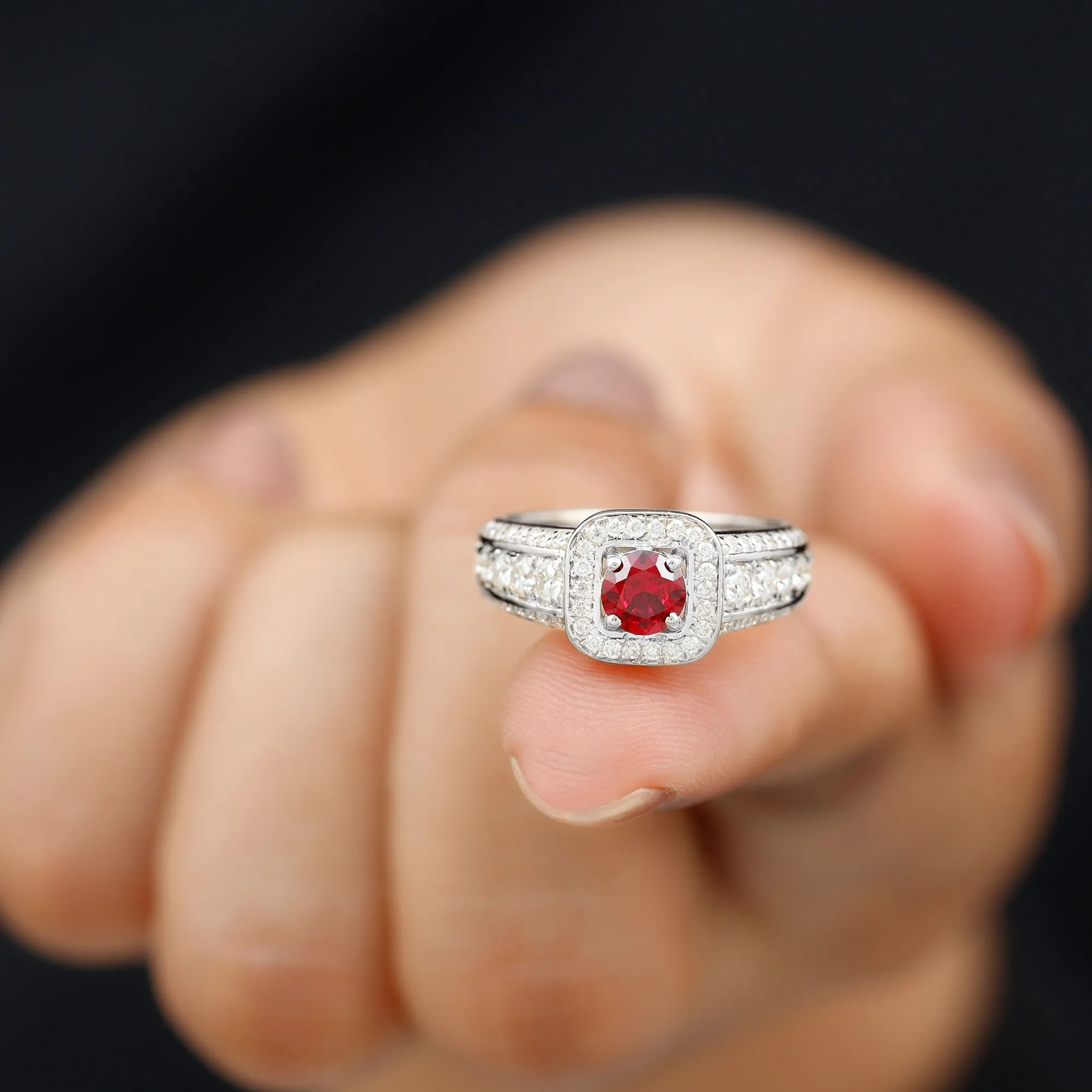 Lab Grown Ruby and Moissanite Halo Engagement Ring