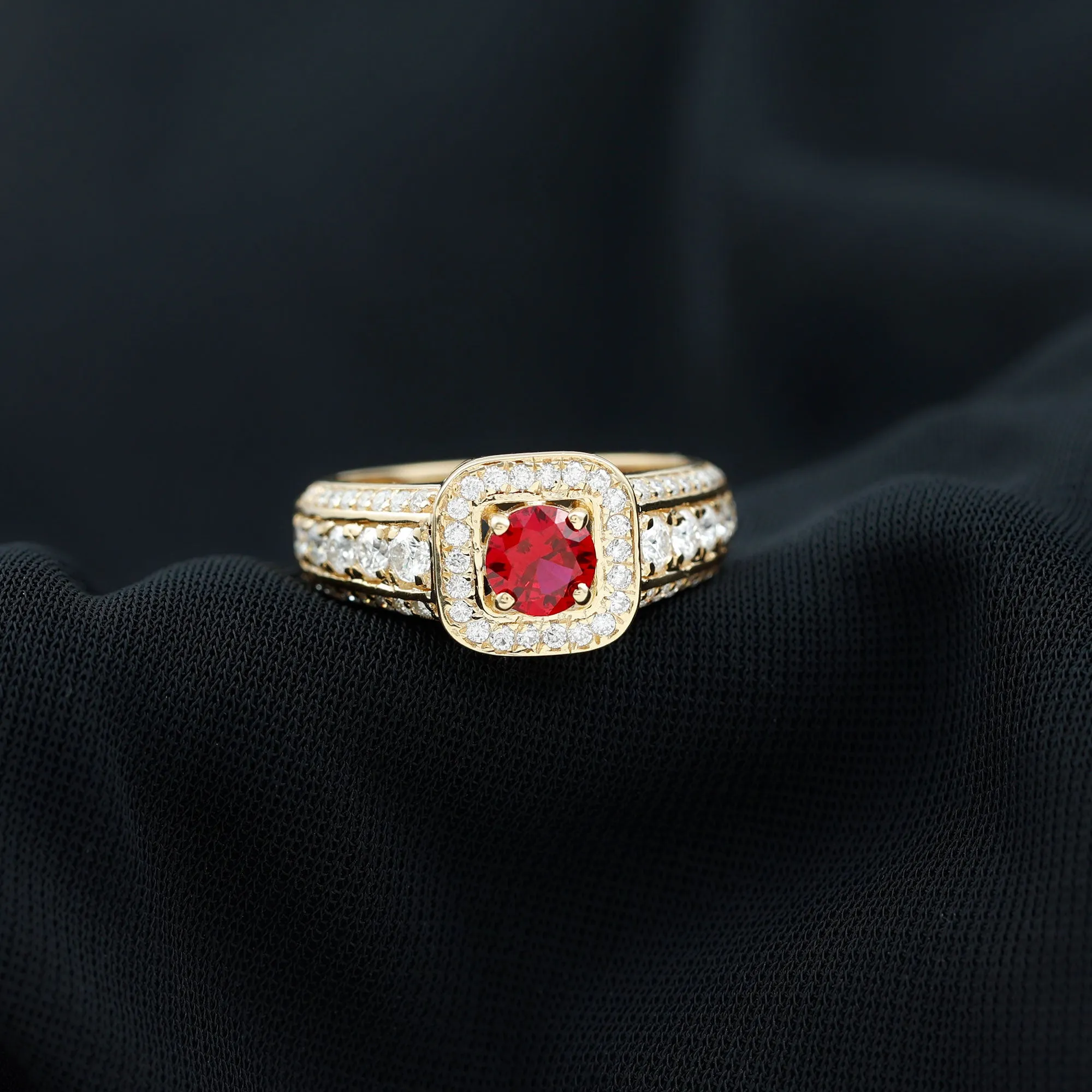 Lab Grown Ruby and Moissanite Halo Engagement Ring