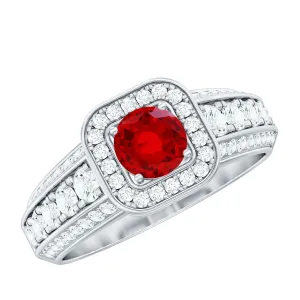 Lab Grown Ruby and Moissanite Halo Engagement Ring