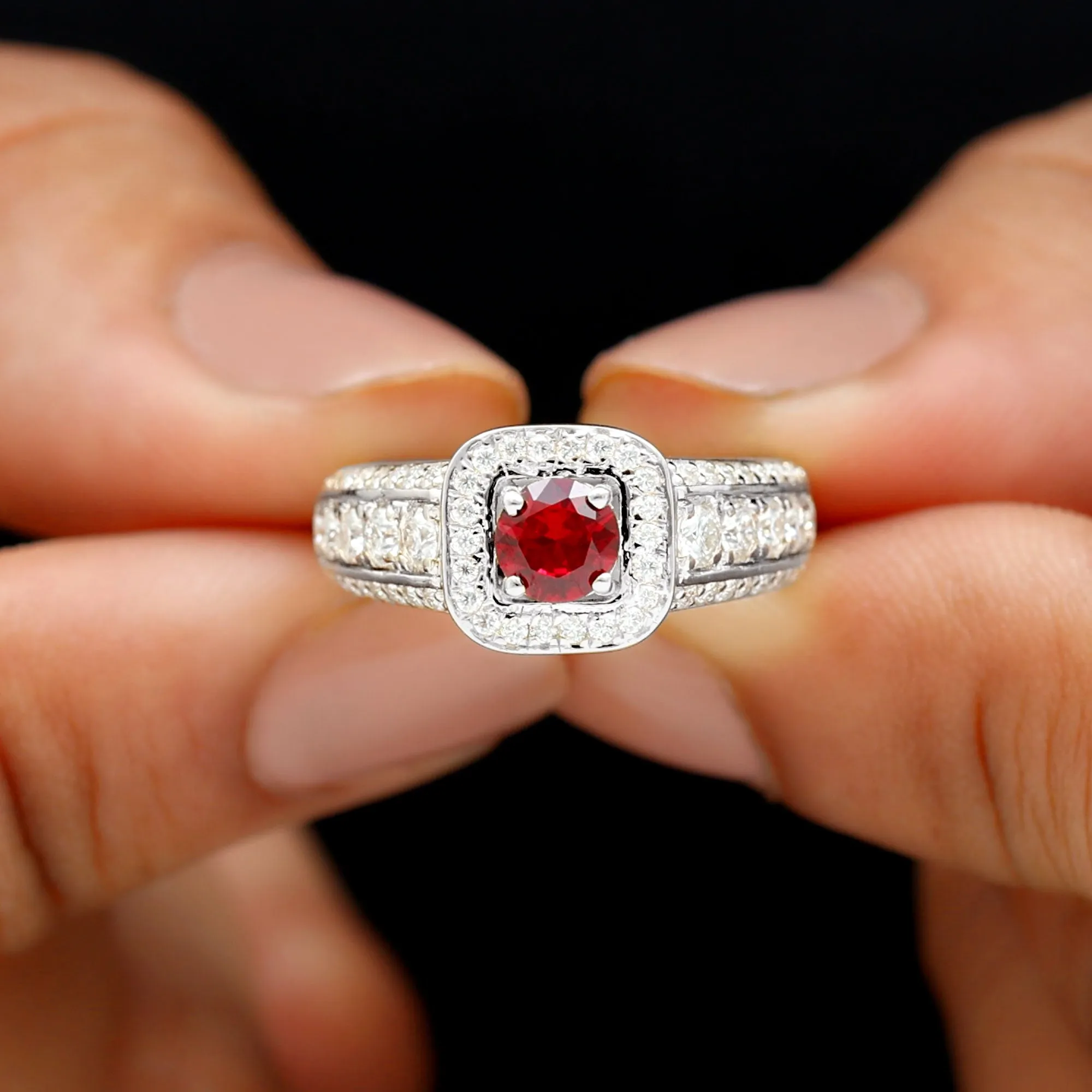 Lab Grown Ruby and Moissanite Halo Engagement Ring