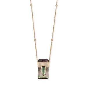 LARGE PAVE GREEN TOURMALINE TEARDROP CAP   WATERMELON TOURMALINE BAGUETTE SMOOTH BAR NECKLACE