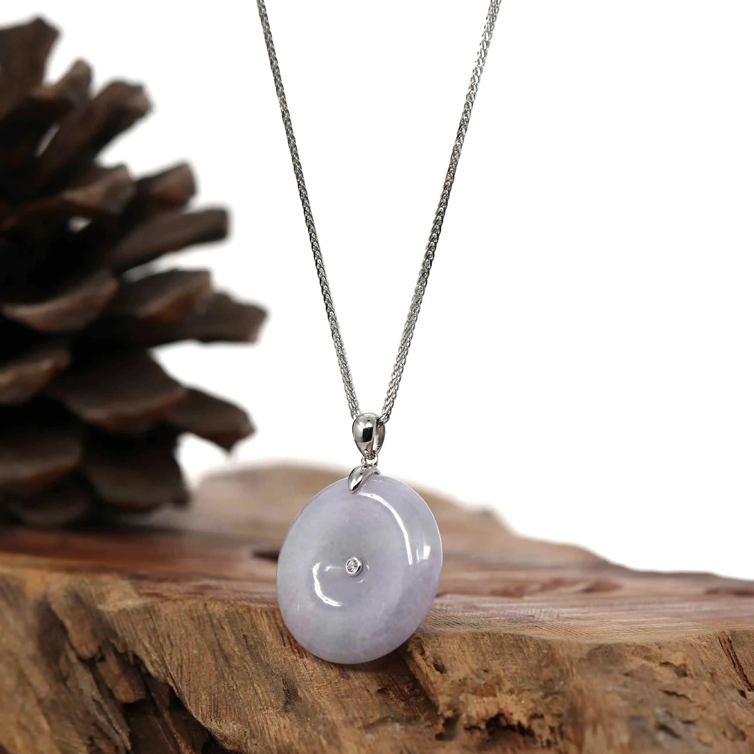 Lavender & Green Jadeite Jade Lucky KouKou " Ping An Kou " Pendant With 14K White Gold Bail & Diamond In Center.