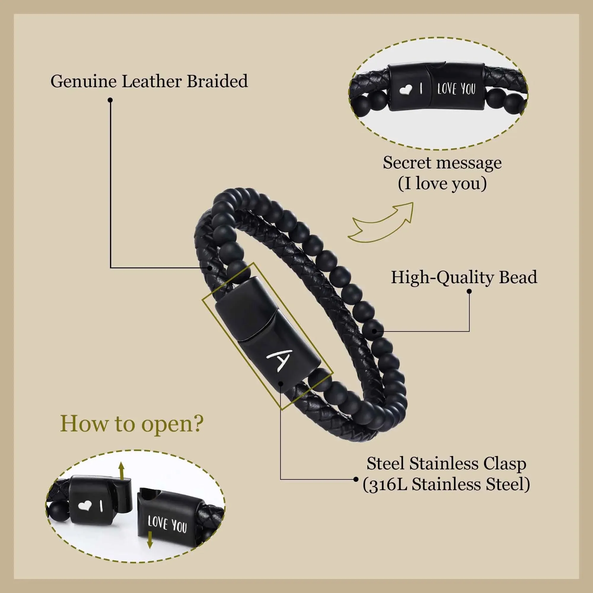 Leather Bracelet for Men Initial W Layered Black Beaded Bracelets I Love You Gifts for Him