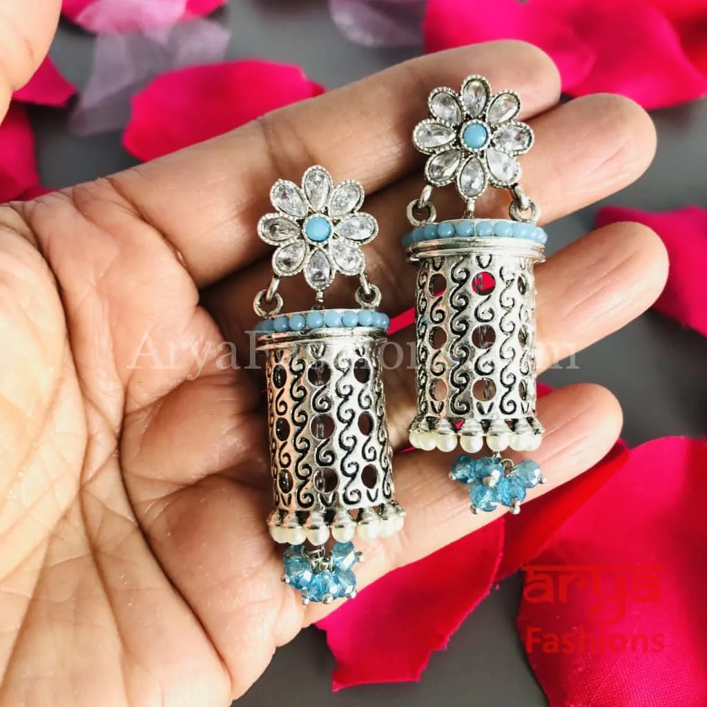 Mahi Silver Earrings with colorful beads/Oxidized Silver Tribal Earrings