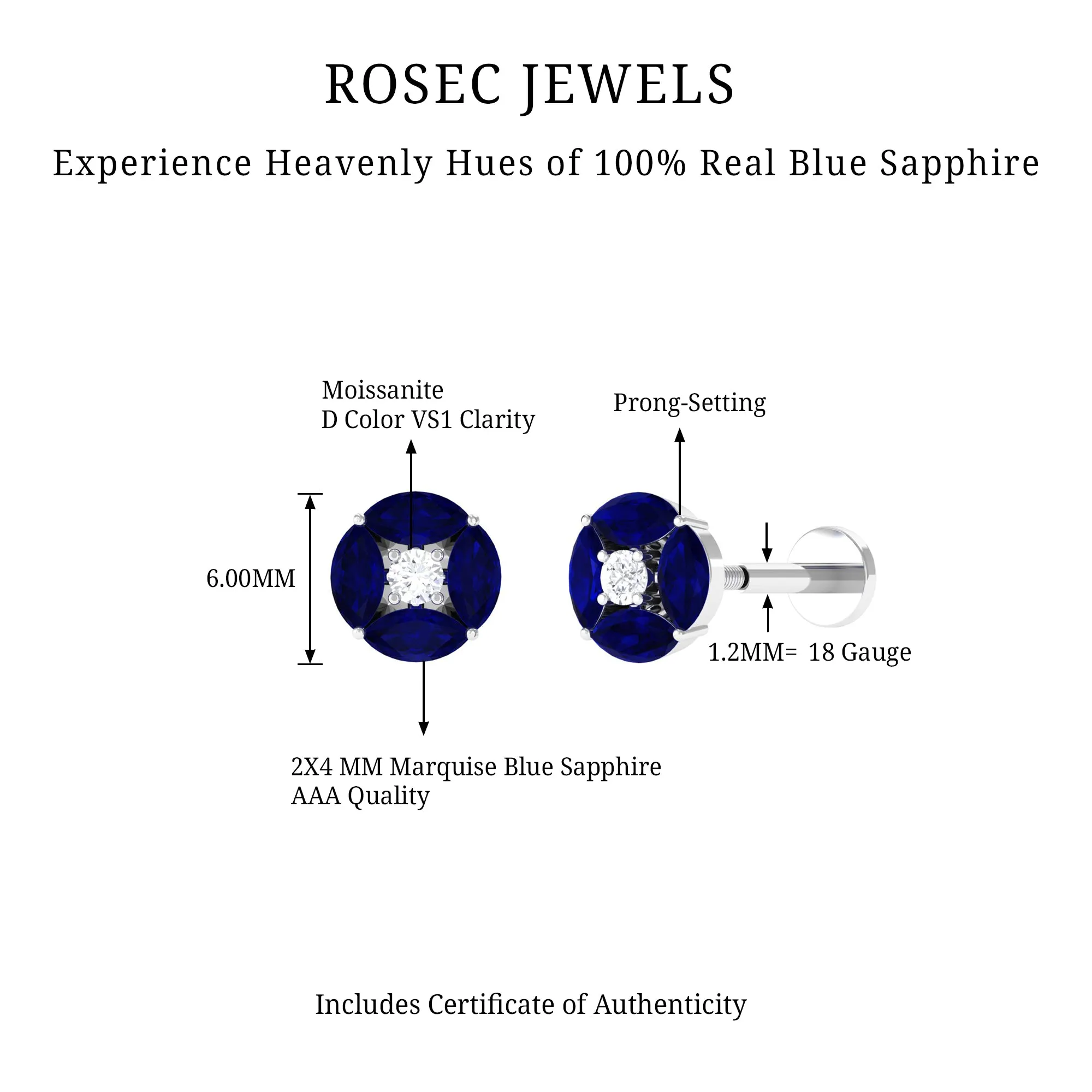 Marquise Blue Sapphire Cartilage Earring with Moissanite