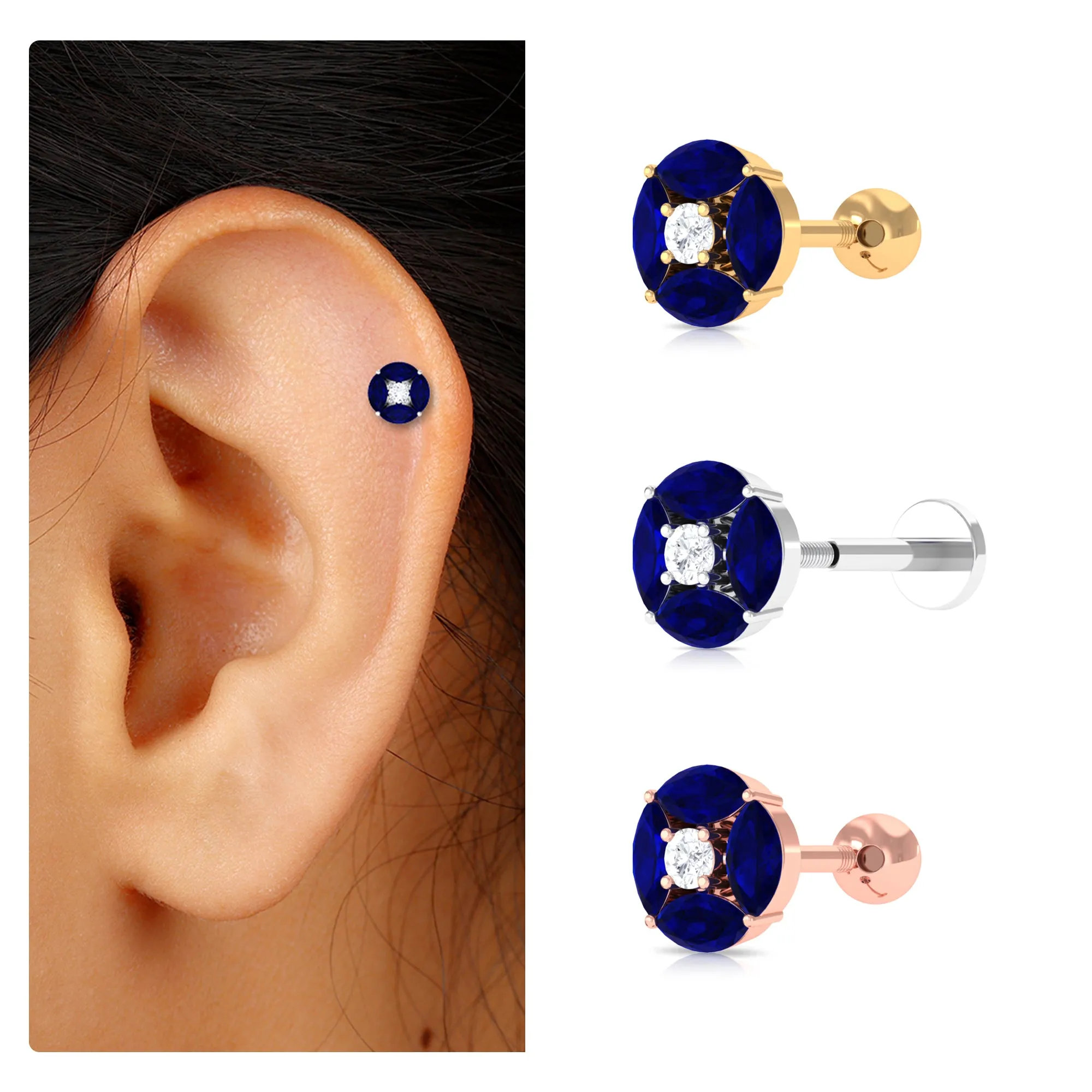 Marquise Blue Sapphire Cartilage Earring with Moissanite