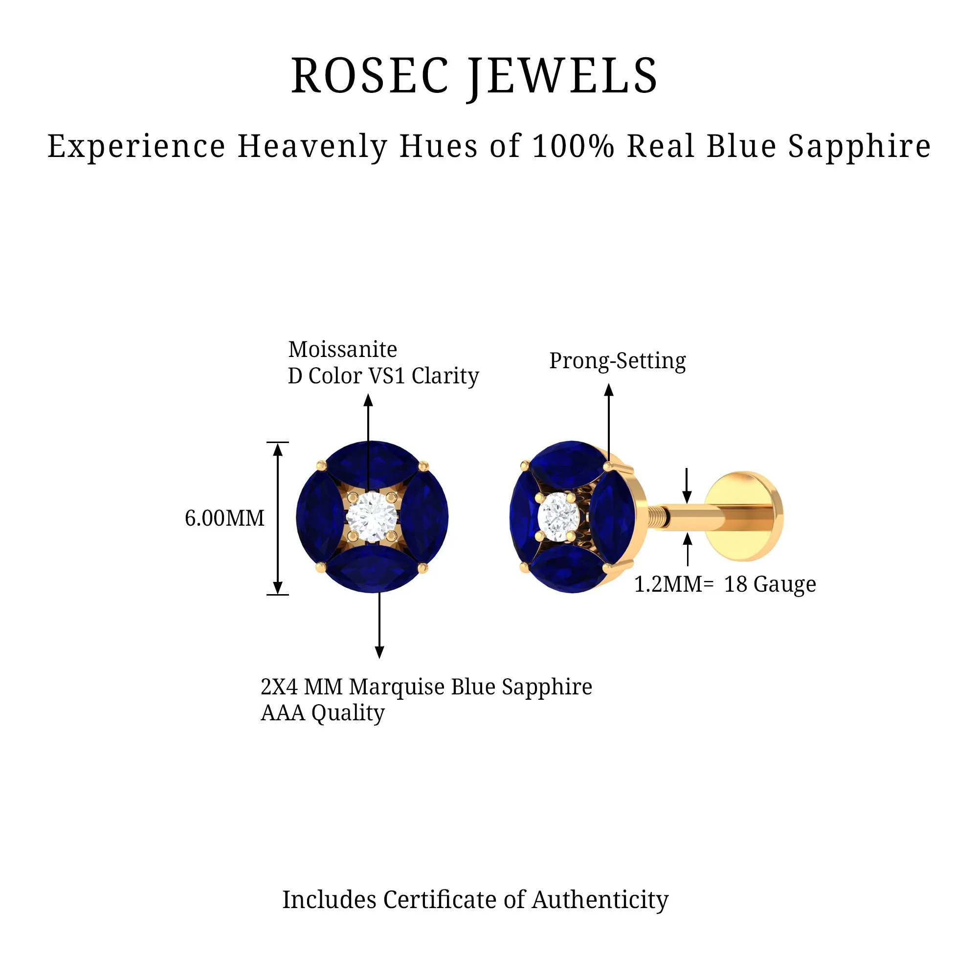 Marquise Blue Sapphire Cartilage Earring with Moissanite