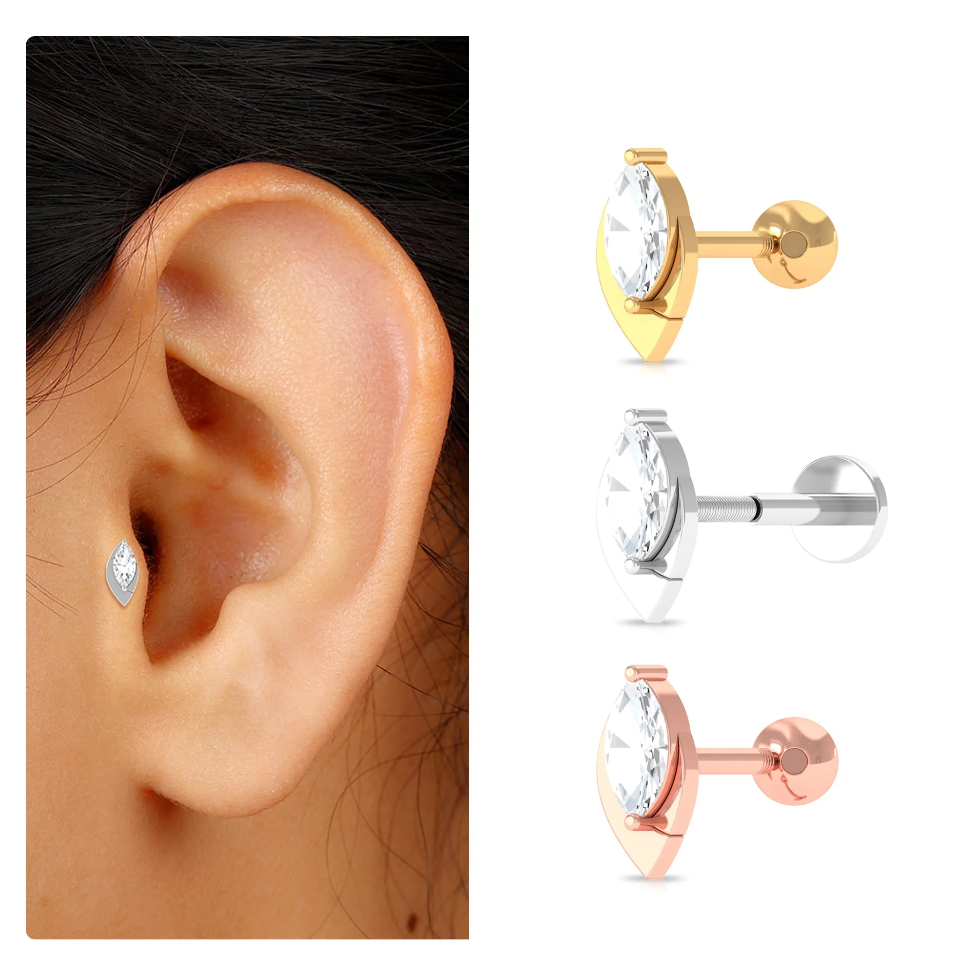 Marquise Moissanite Simple Gold Tragus Earring