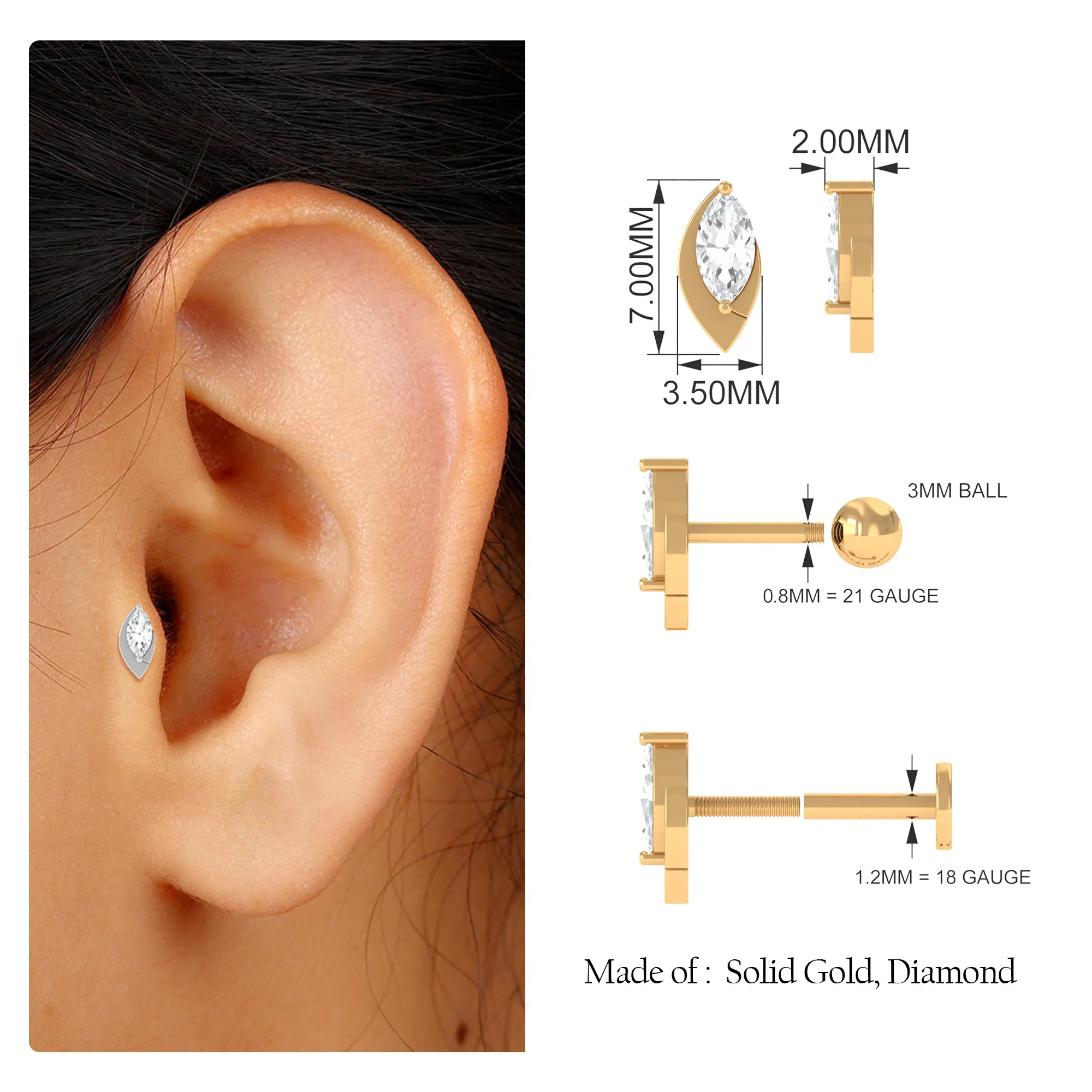 Marquise Moissanite Simple Gold Tragus Earring