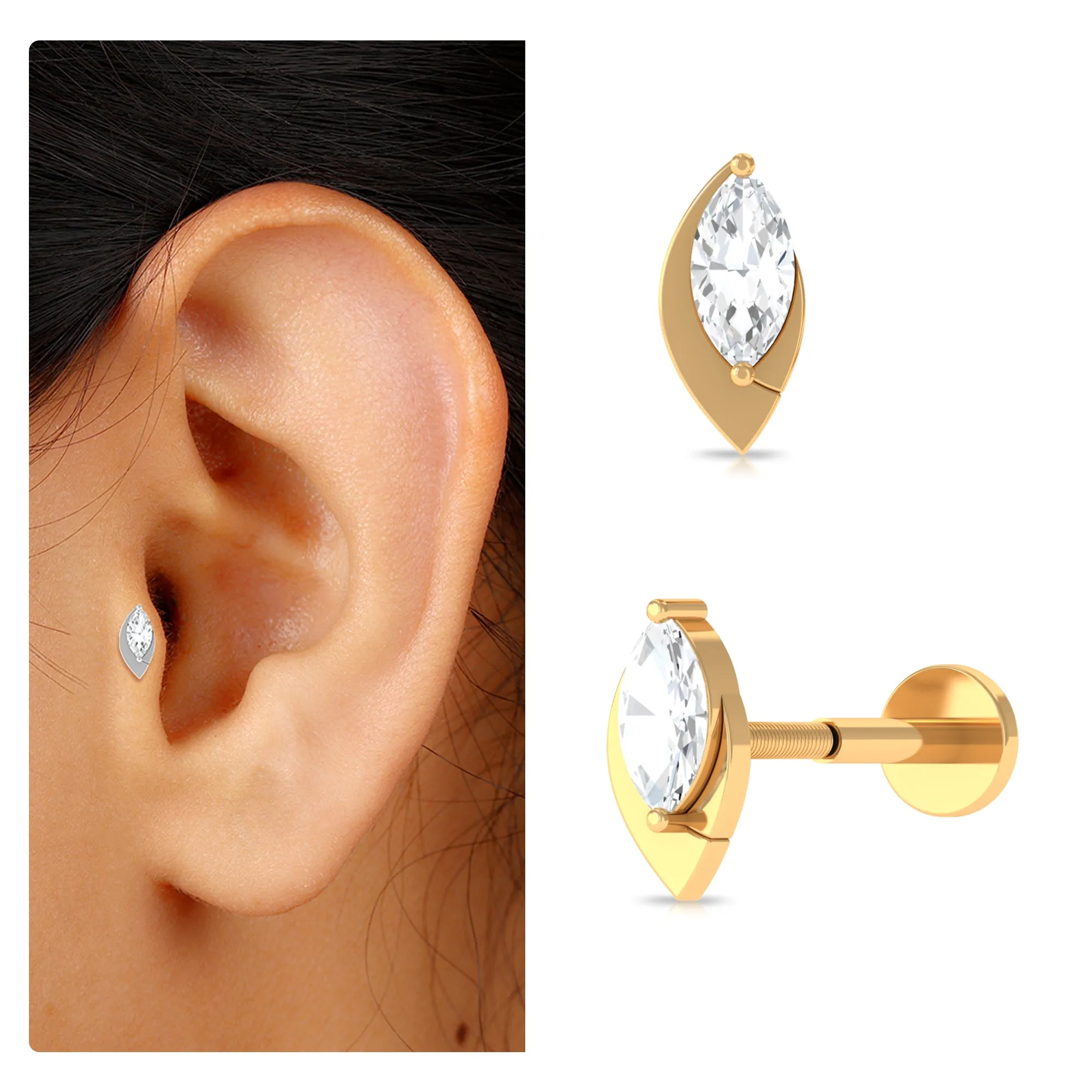 Marquise Moissanite Simple Gold Tragus Earring