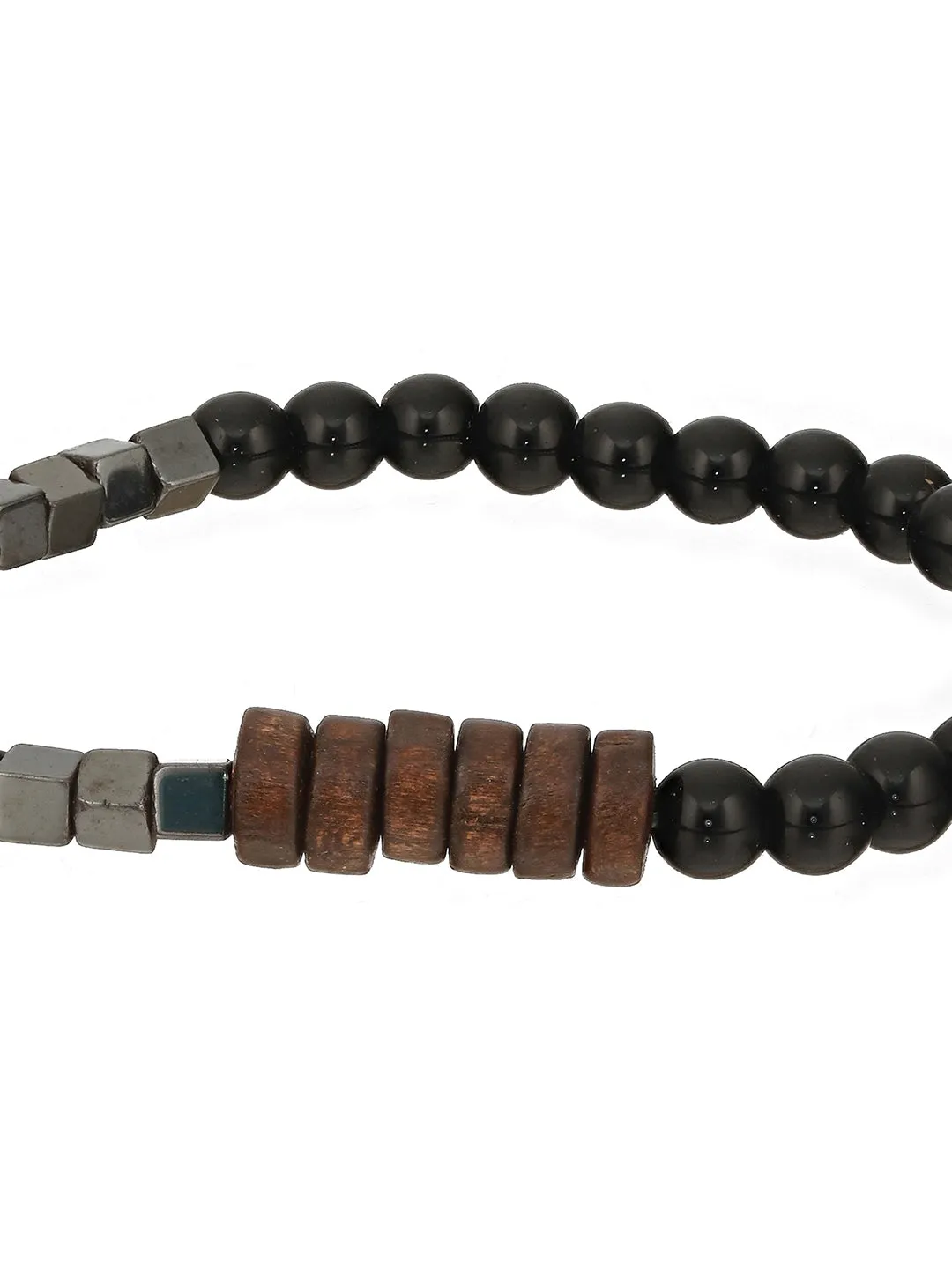 Men Pack Of 4 Brown & Black-Coloured Leather & Beads Wraparound Bracelet