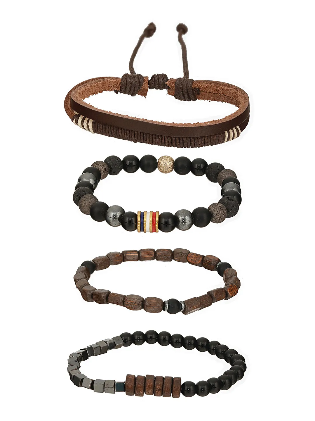 Men Pack Of 4 Brown & Black-Coloured Leather & Beads Wraparound Bracelet