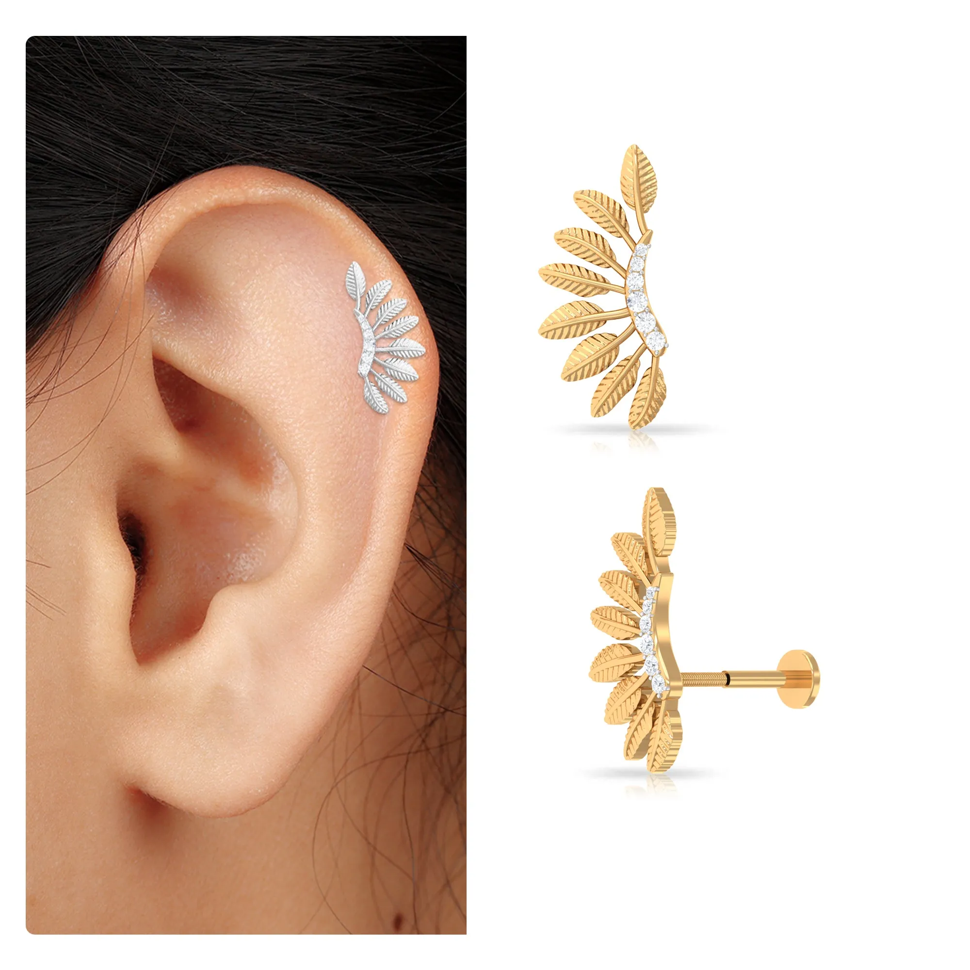 Moissanite Gold Feather Earring for Cartilage Piercing