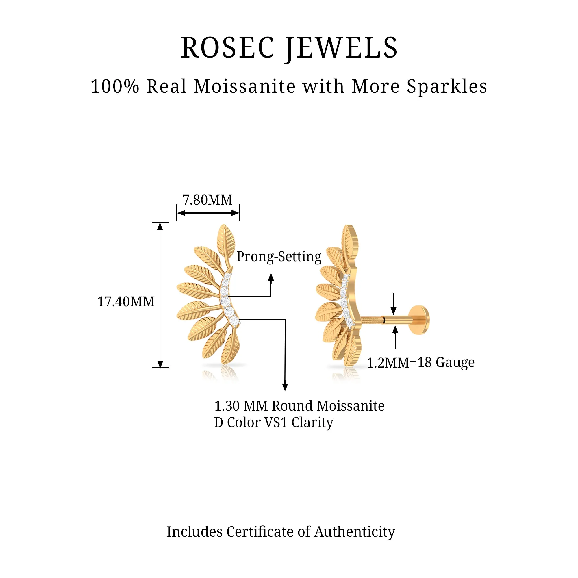 Moissanite Gold Feather Earring for Cartilage Piercing