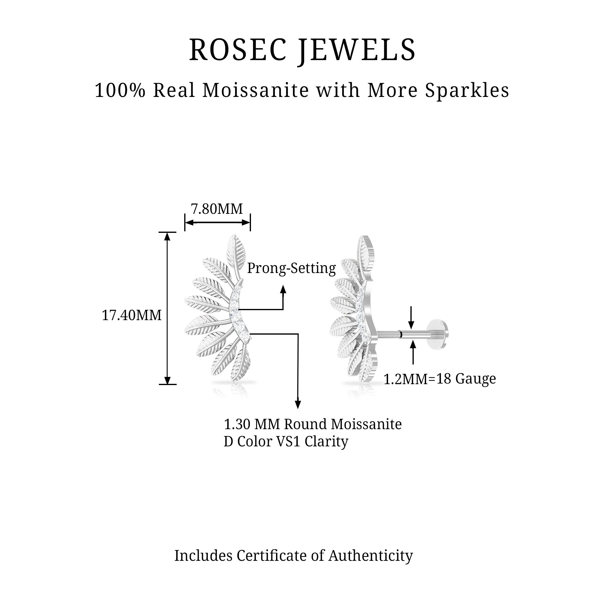 Moissanite Gold Feather Earring for Cartilage Piercing