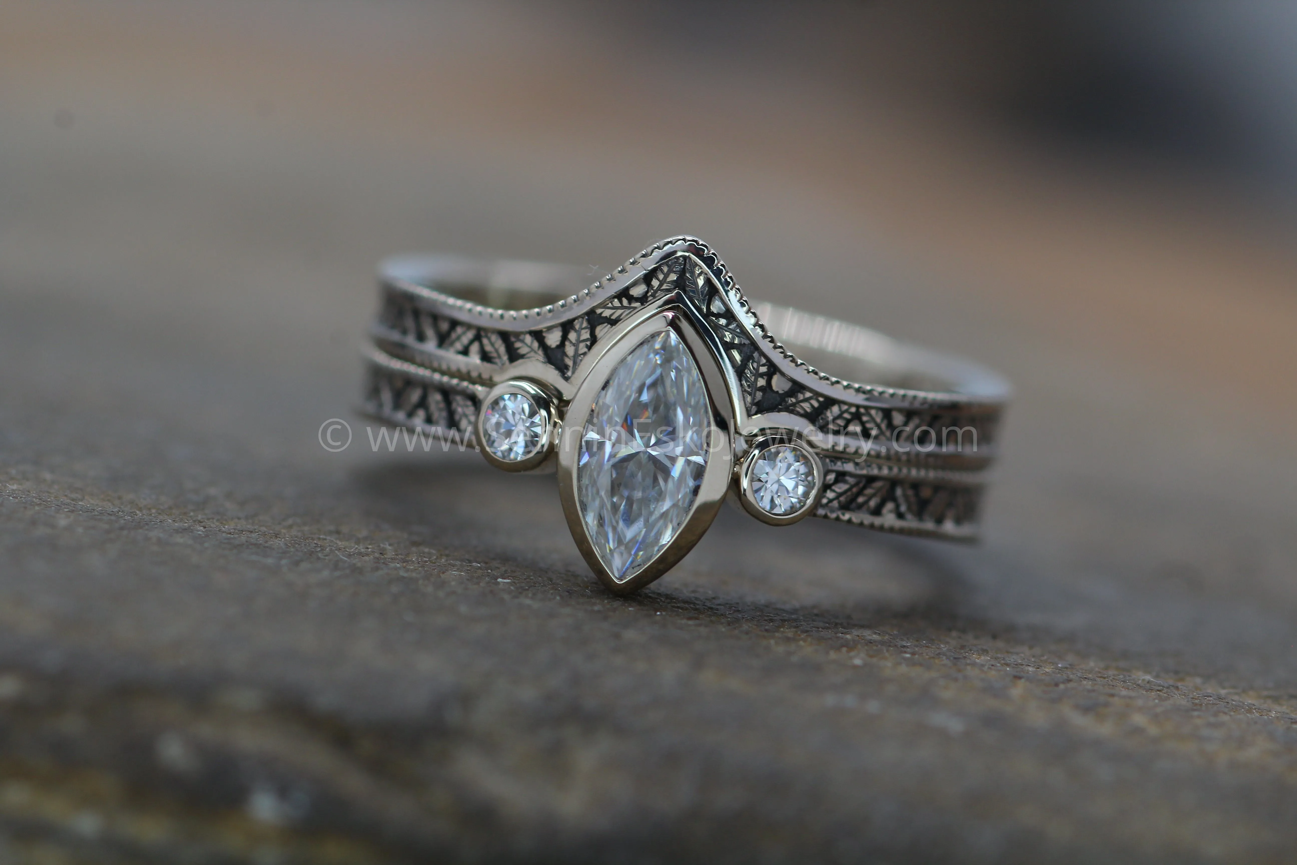 Moissanite Vintage Inspired Engagement and Wedding Ring Set - Marquise Ring - Leaf