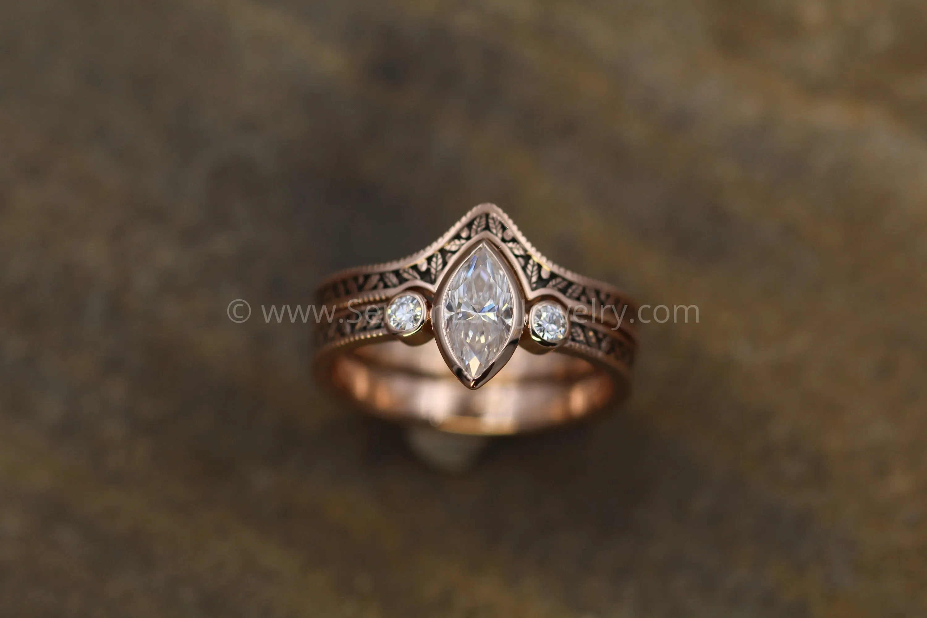 Moissanite Vintage Inspired Engagement and Wedding Ring Set - Marquise Ring - Leaf