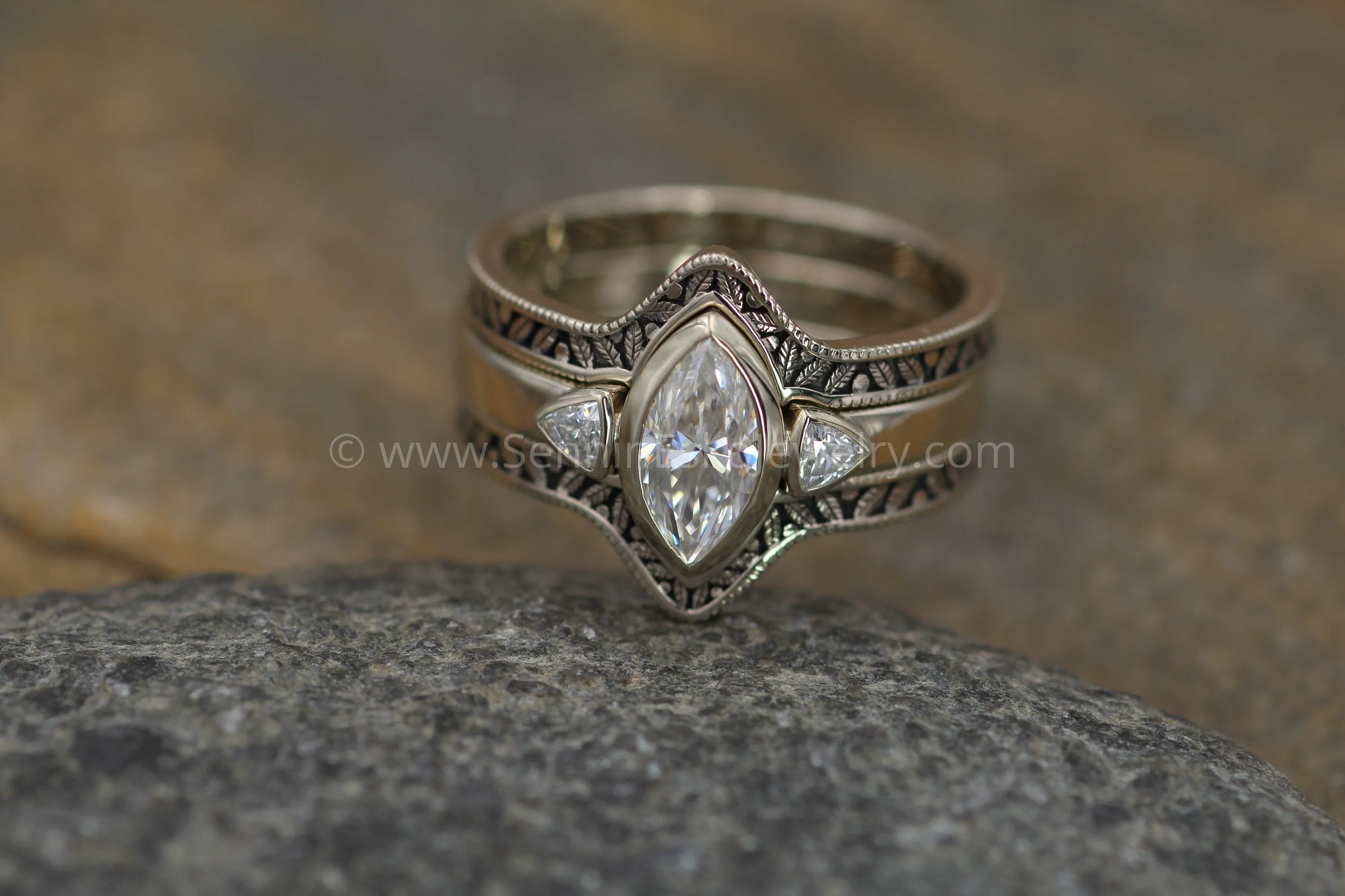 Moissanite White Gold Hand Made Leaf Engraved Vintage Engagement Ring Set - Marquise Ring - Leaf Engagement Ring