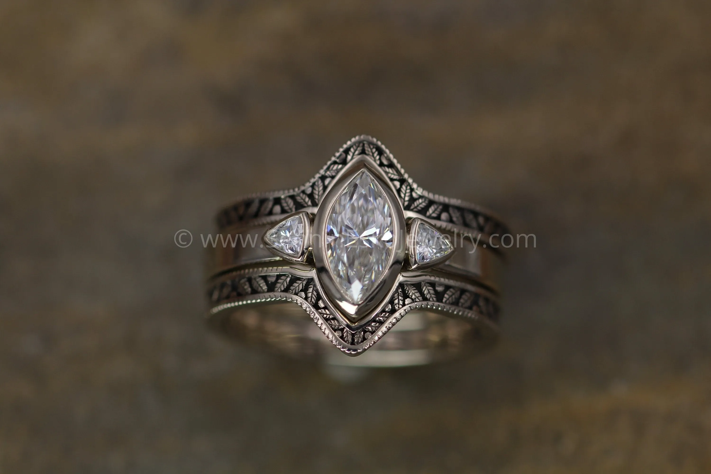 Moissanite White Gold Hand Made Leaf Engraved Vintage Engagement Ring Set - Marquise Ring - Leaf Engagement Ring