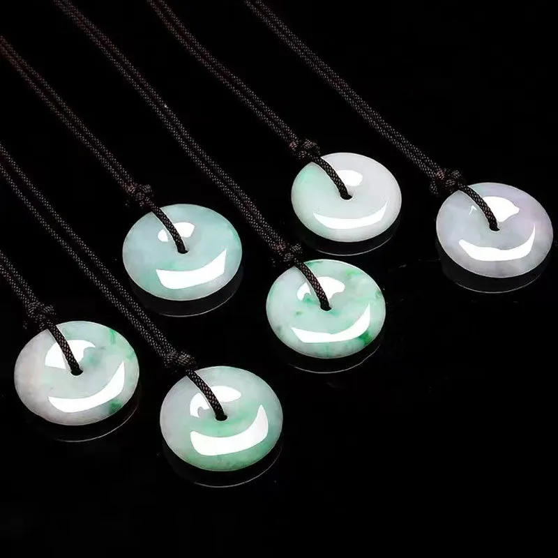 Moss in Snow Natural Ice Jadeite Jade Chinese「Ping An Kou」Pendant Necklace for Women and Men