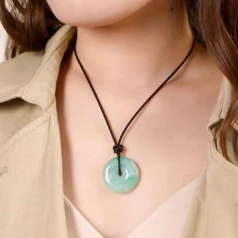 Moss in Snow Natural Ice Jadeite Jade Chinese「Ping An Kou」Pendant Necklace for Women and Men