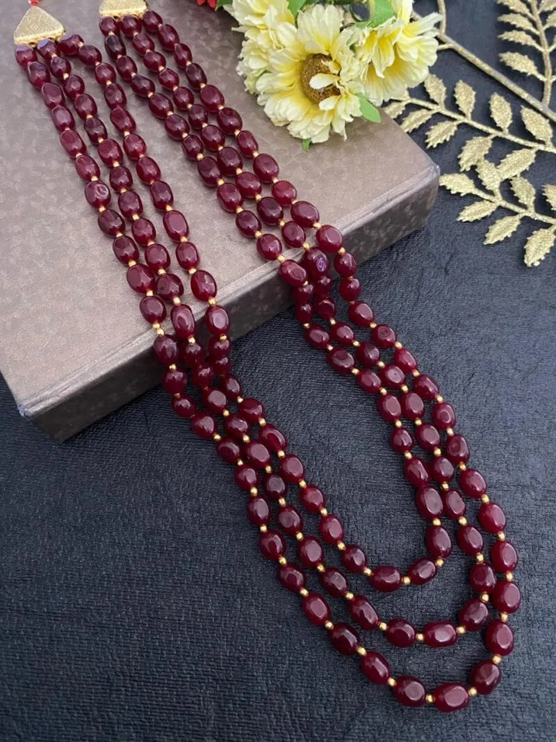 Multilayered Semi Precious Maroon Jade Beads Necklace For Men And Women