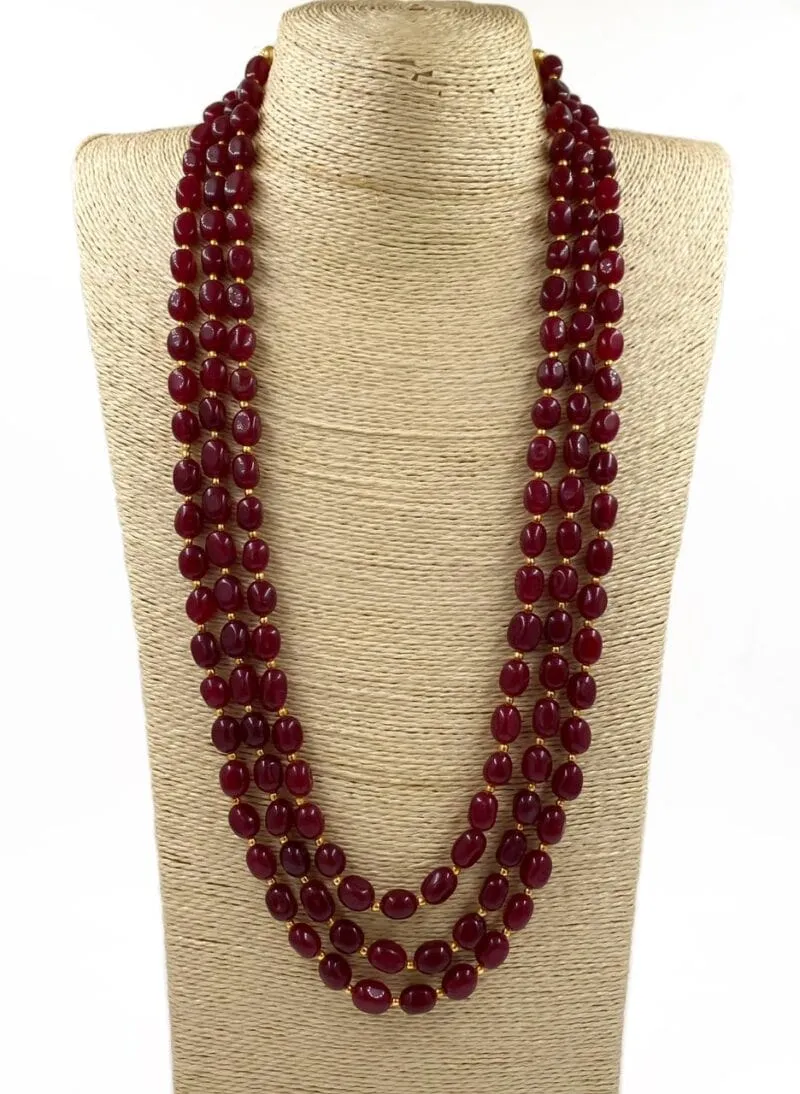 Multilayered Semi Precious Maroon Jade Beads Necklace For Men And Women