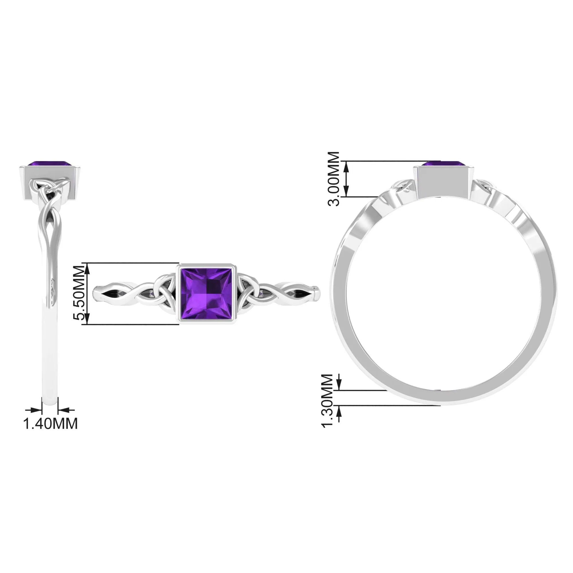 Natural Amethyst Princess Cut Solitaire Celtic Ring in Bezel Setting