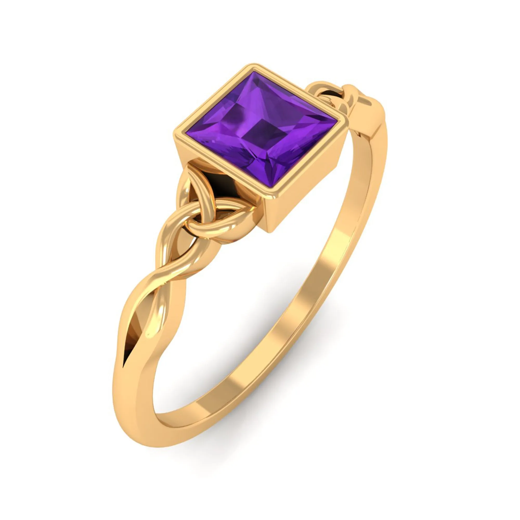 Natural Amethyst Princess Cut Solitaire Celtic Ring in Bezel Setting