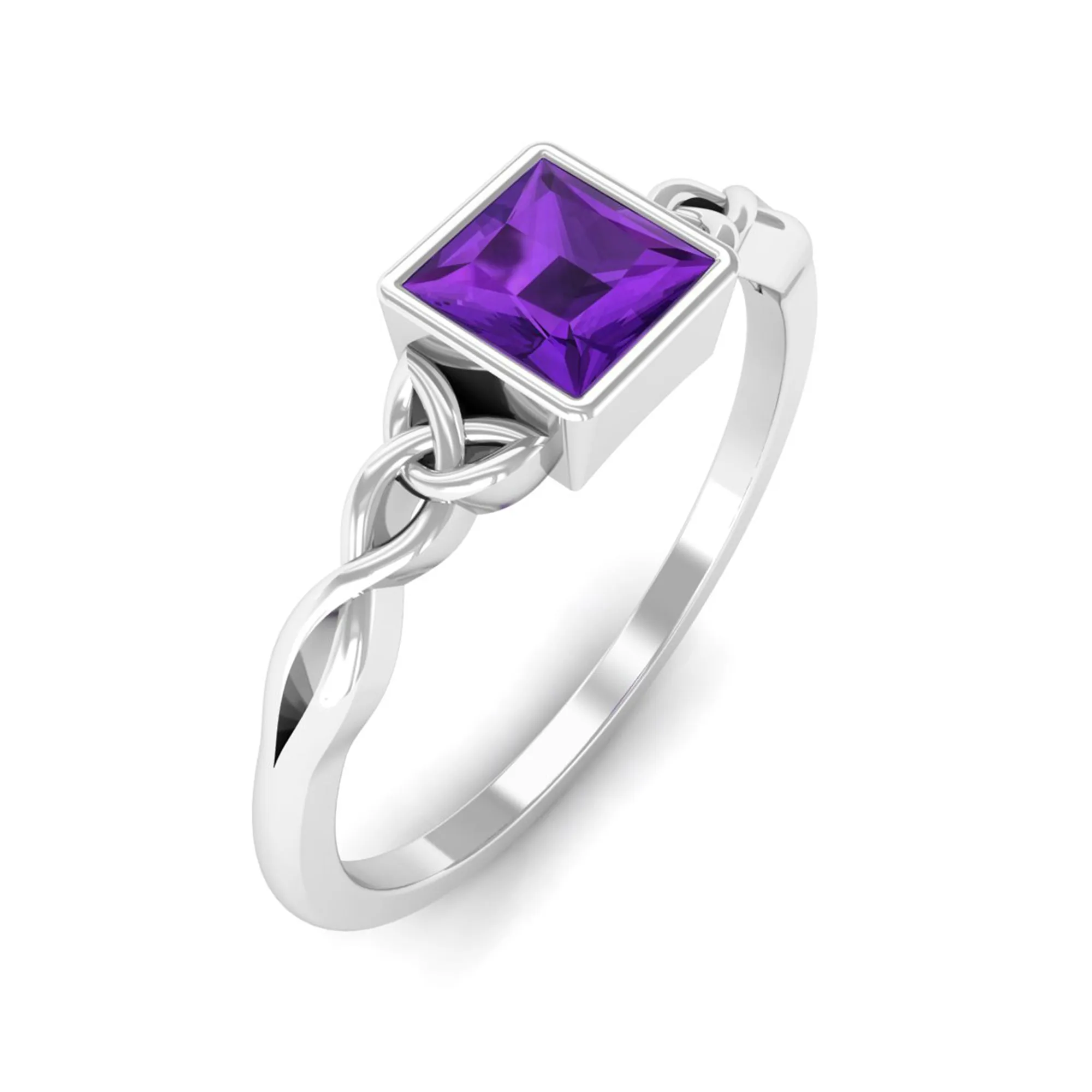 Natural Amethyst Princess Cut Solitaire Celtic Ring in Bezel Setting