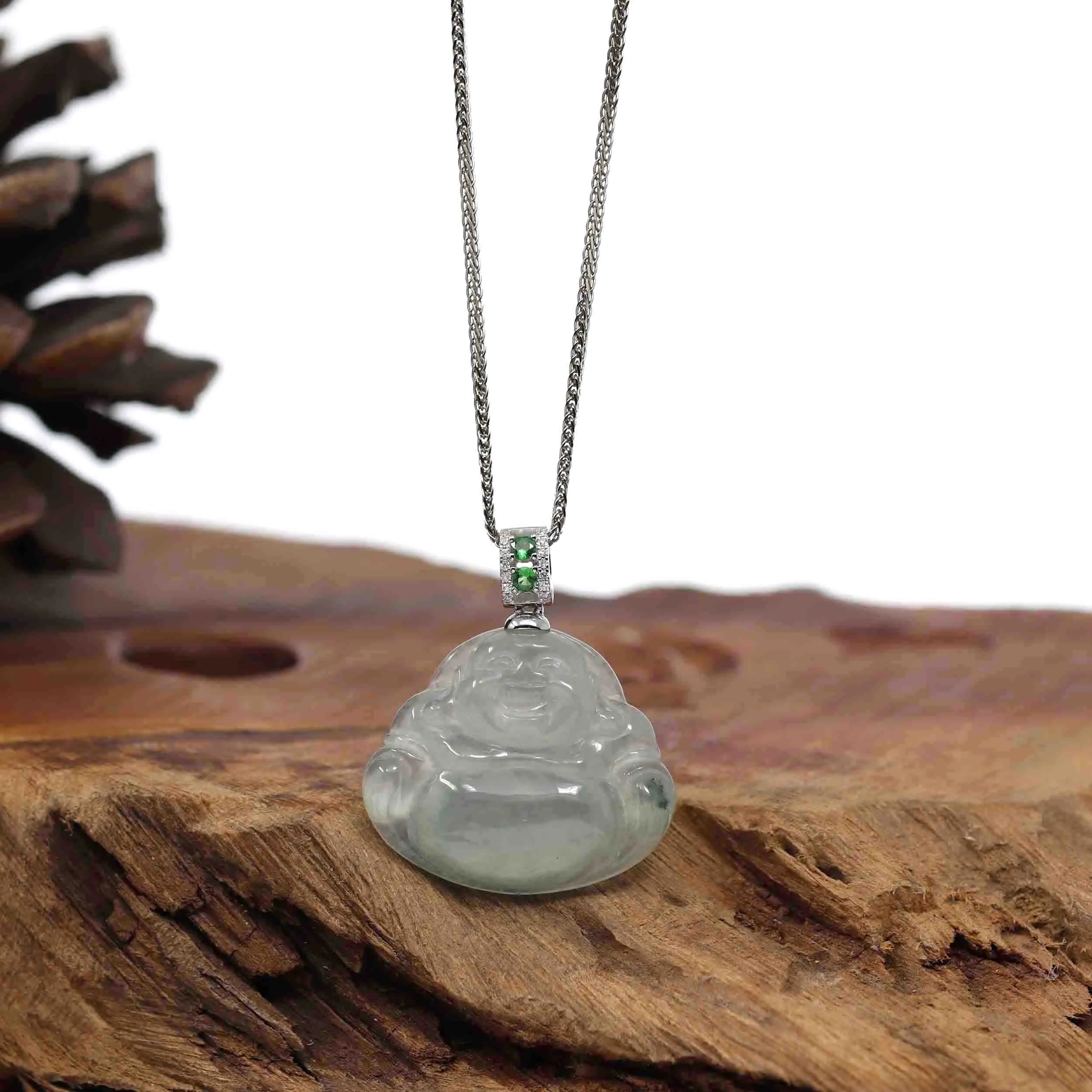 Natural Burmese Jadeite Jade Happy Buddha With 14k White Gold AA Emerald Bail