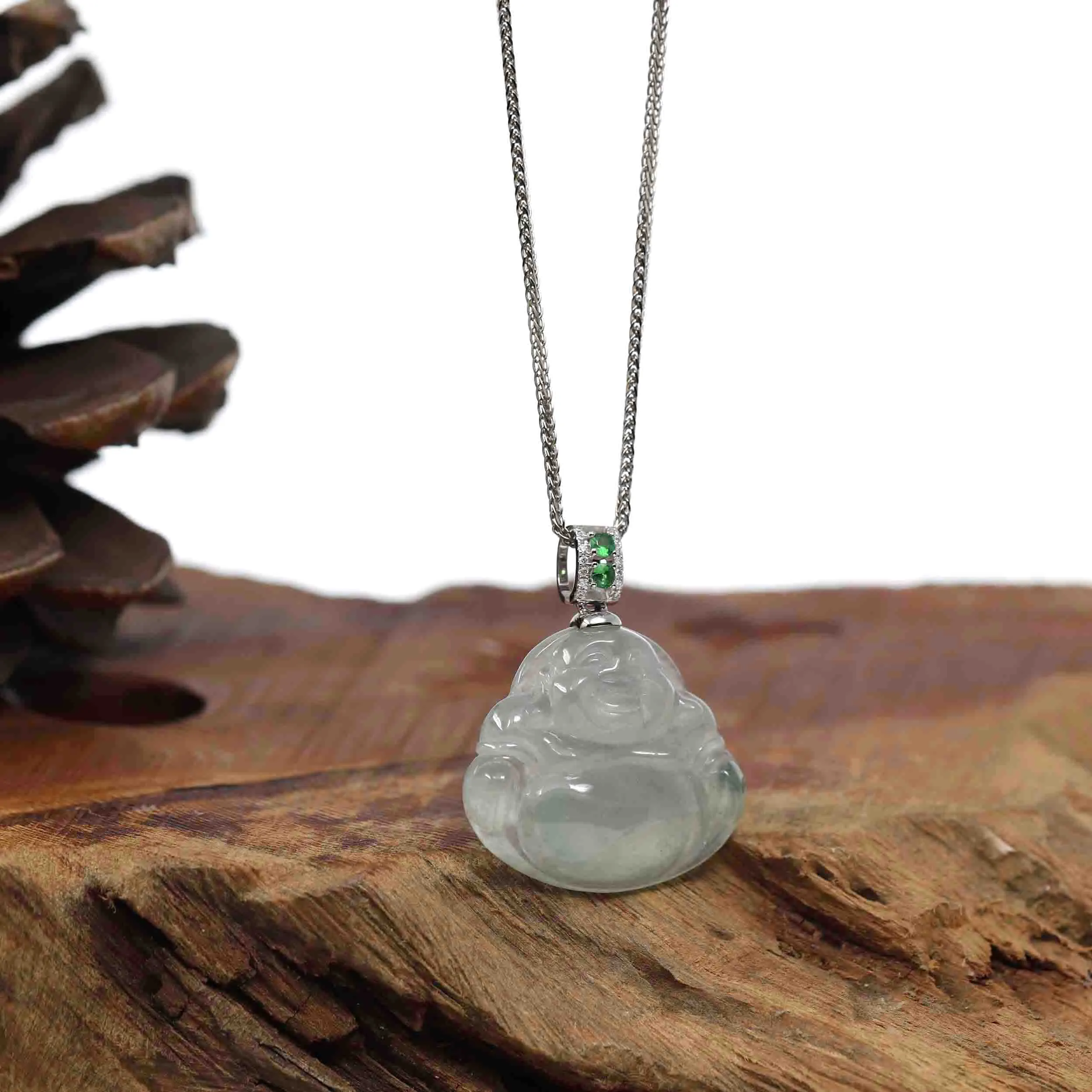 Natural Burmese Jadeite Jade Happy Buddha With 14k White Gold AA Emerald Bail