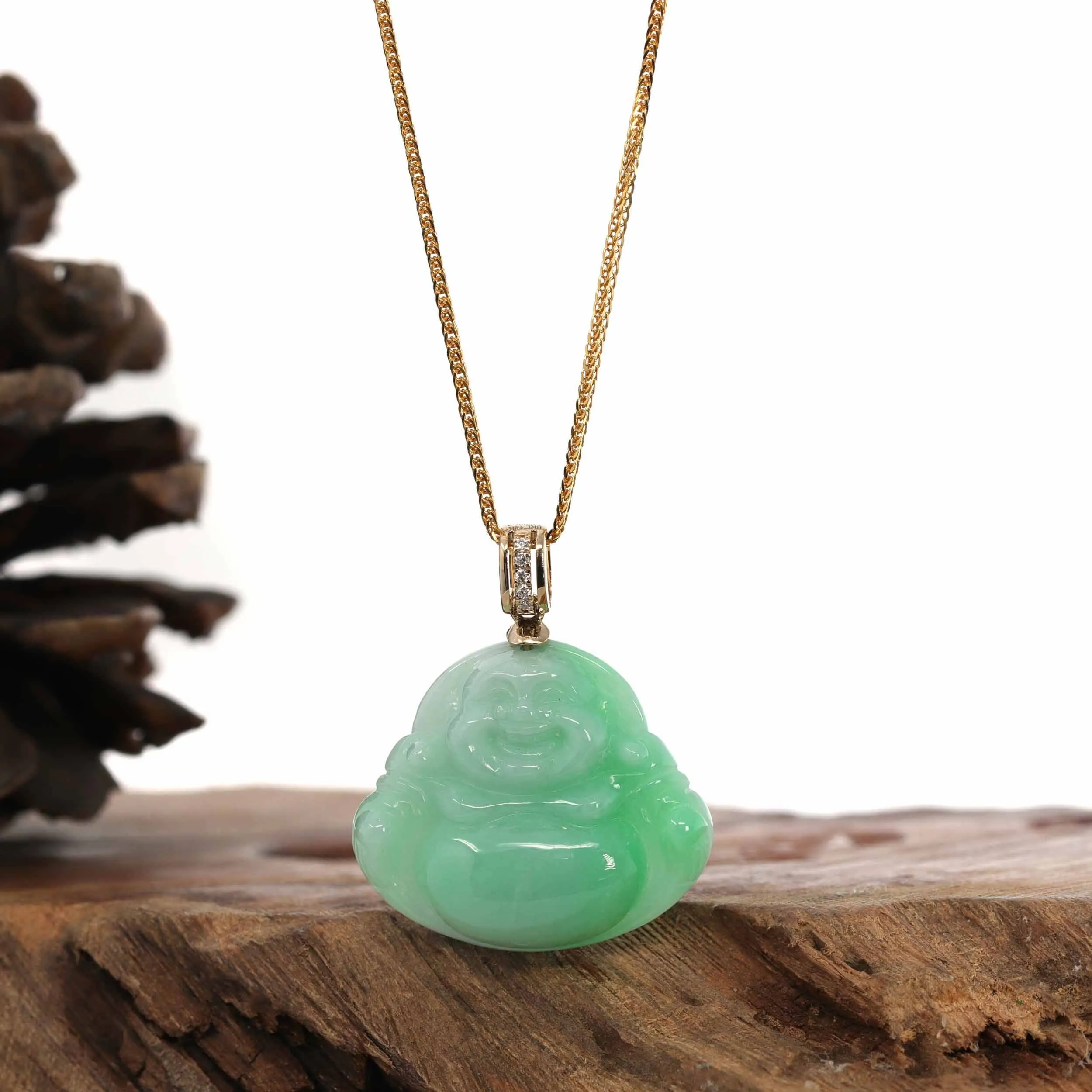 Natural Burmese Jadeite Jade Happy Buddha With 14k Yellow VS1 Diamond Bail