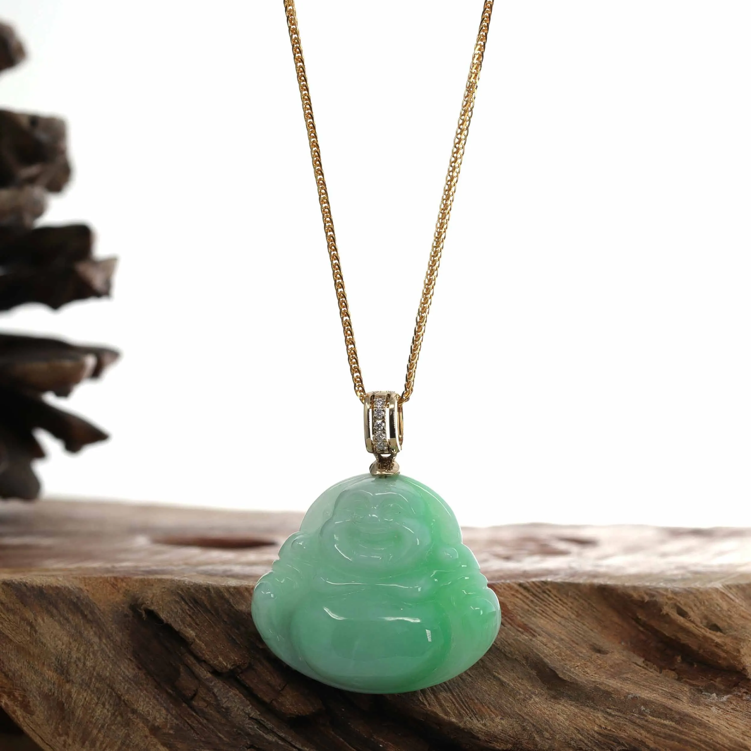 Natural Burmese Jadeite Jade Happy Buddha With 14k Yellow VS1 Diamond Bail