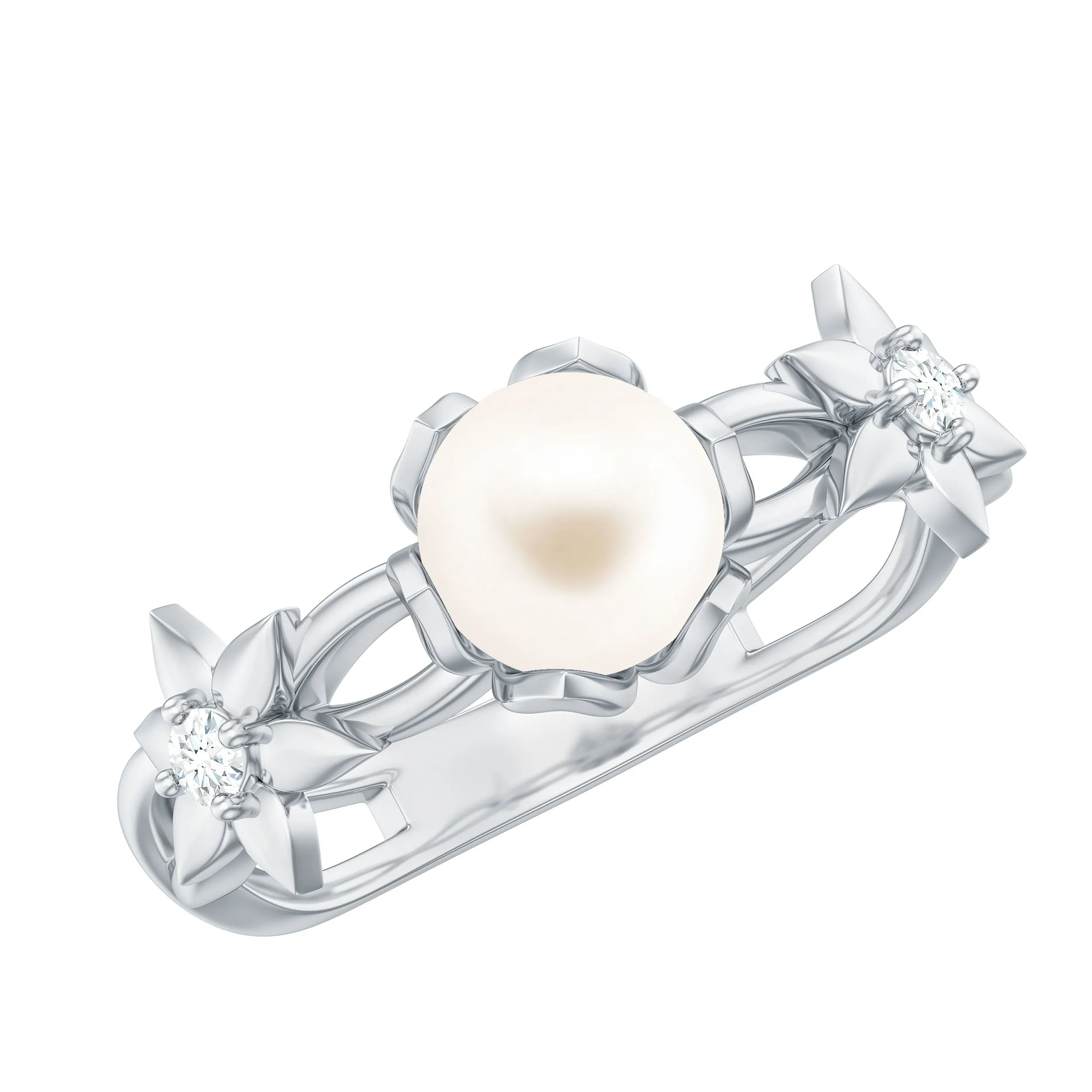 Natural Freshwater Pearl Solitaire Flower Band Ring with Diamond