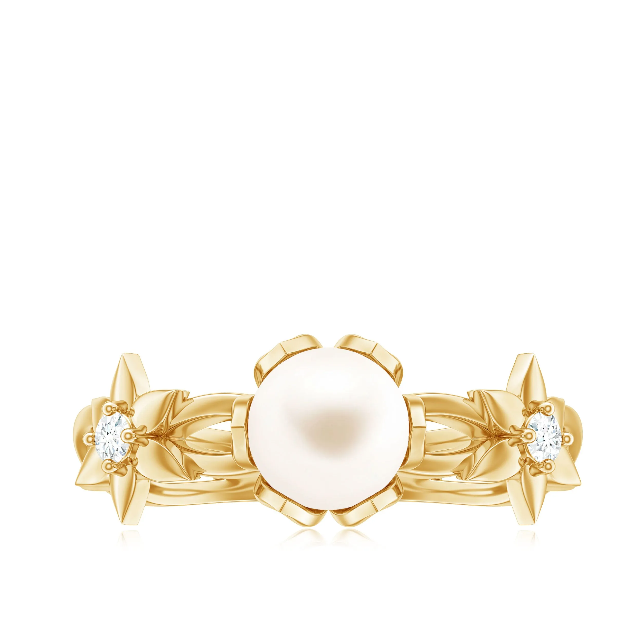 Natural Freshwater Pearl Solitaire Flower Band Ring with Diamond