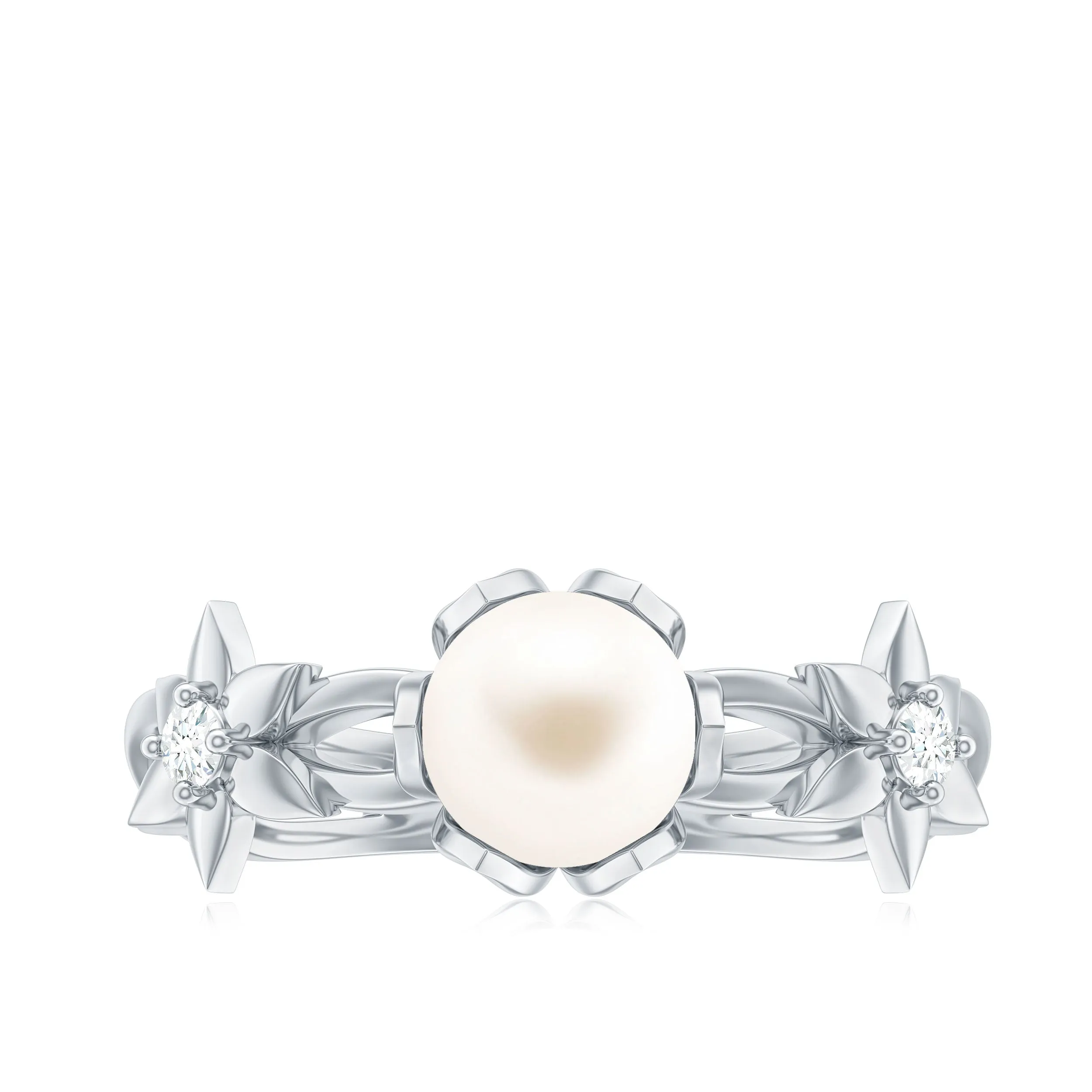 Natural Freshwater Pearl Solitaire Flower Band Ring with Diamond