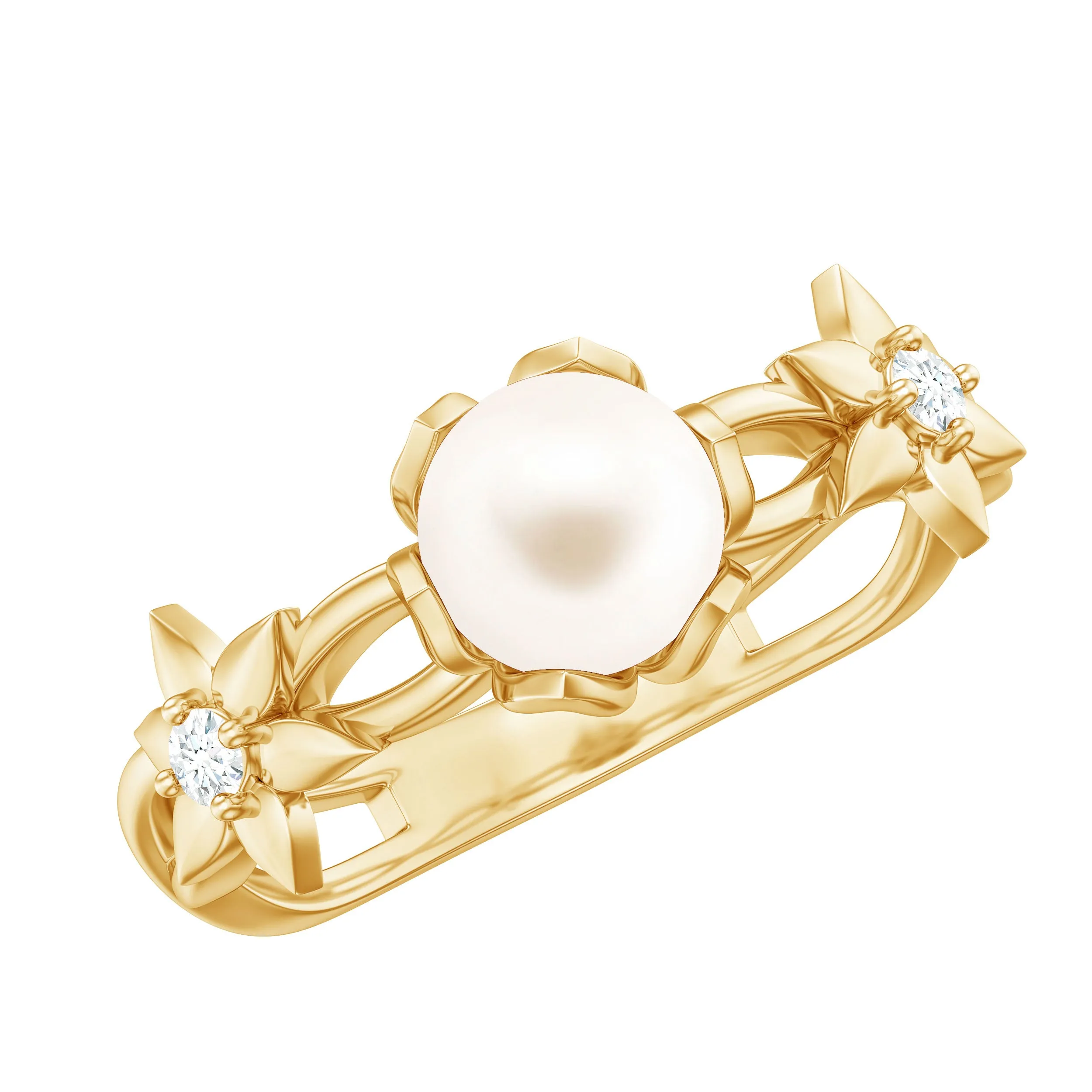 Natural Freshwater Pearl Solitaire Flower Band Ring with Diamond