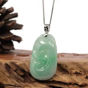 Natural Green Jadeite Jade Ru Yi Necklace With 14k White Gold Bail