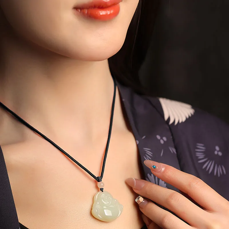 Natural Hetian Jade Maitreya Buddha Gemstone Pendant for Women