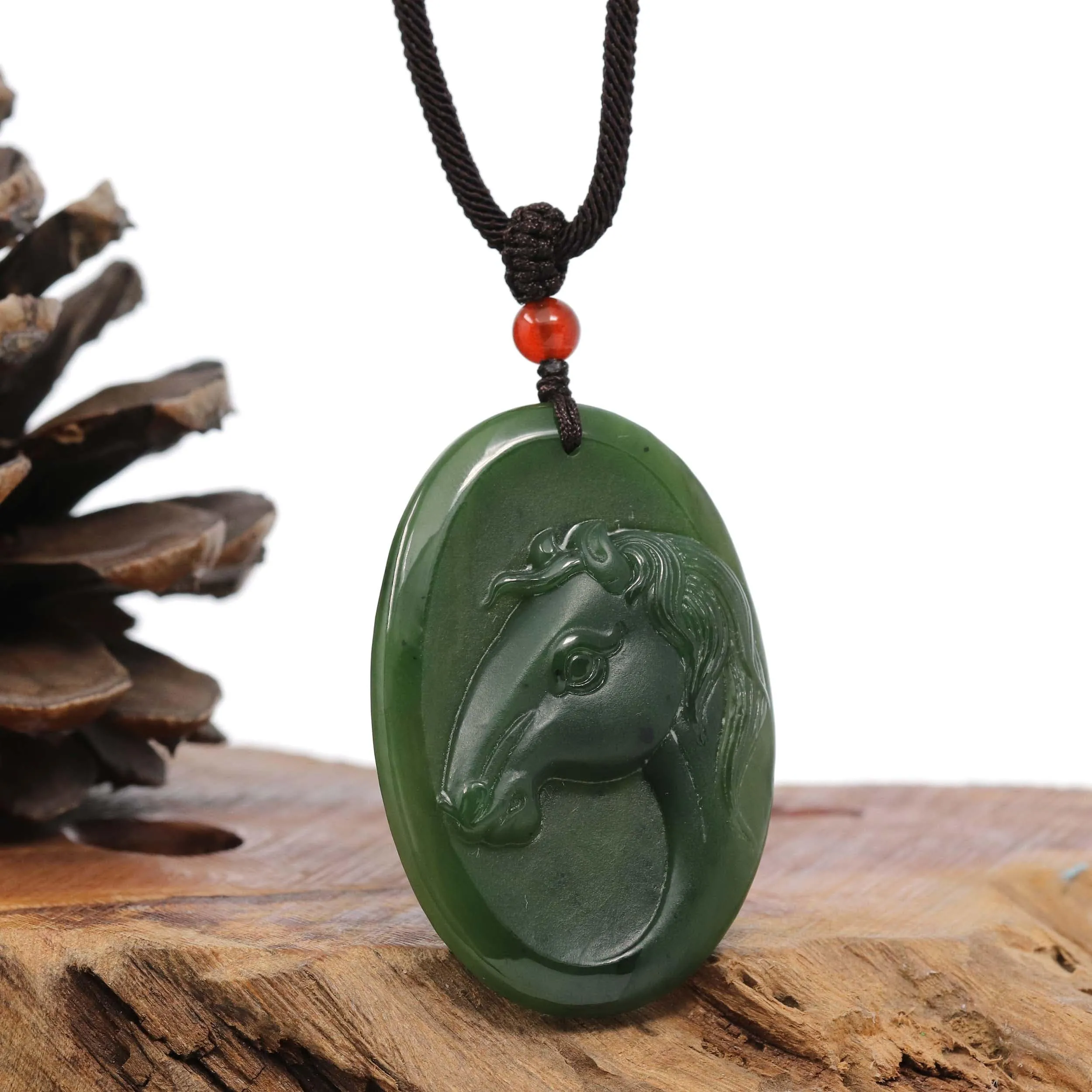 Natural Jade 12 Zodiac: Nephrite Jade Horse Pendant Necklace in Deep Green