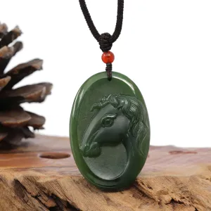 Natural Jade 12 Zodiac: Nephrite Jade Horse Pendant Necklace in Deep Green