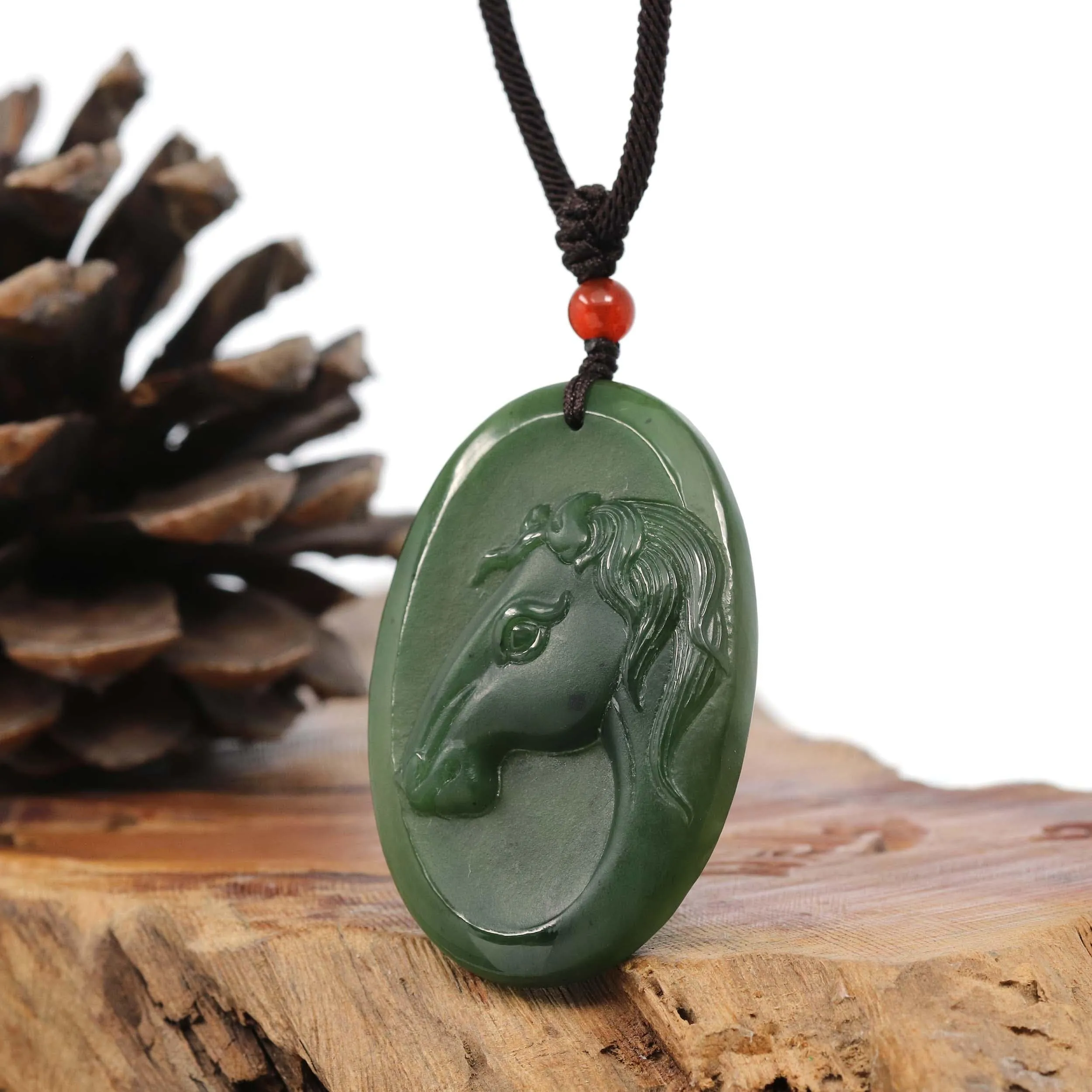 Natural Jade 12 Zodiac: Nephrite Jade Horse Pendant Necklace in Deep Green