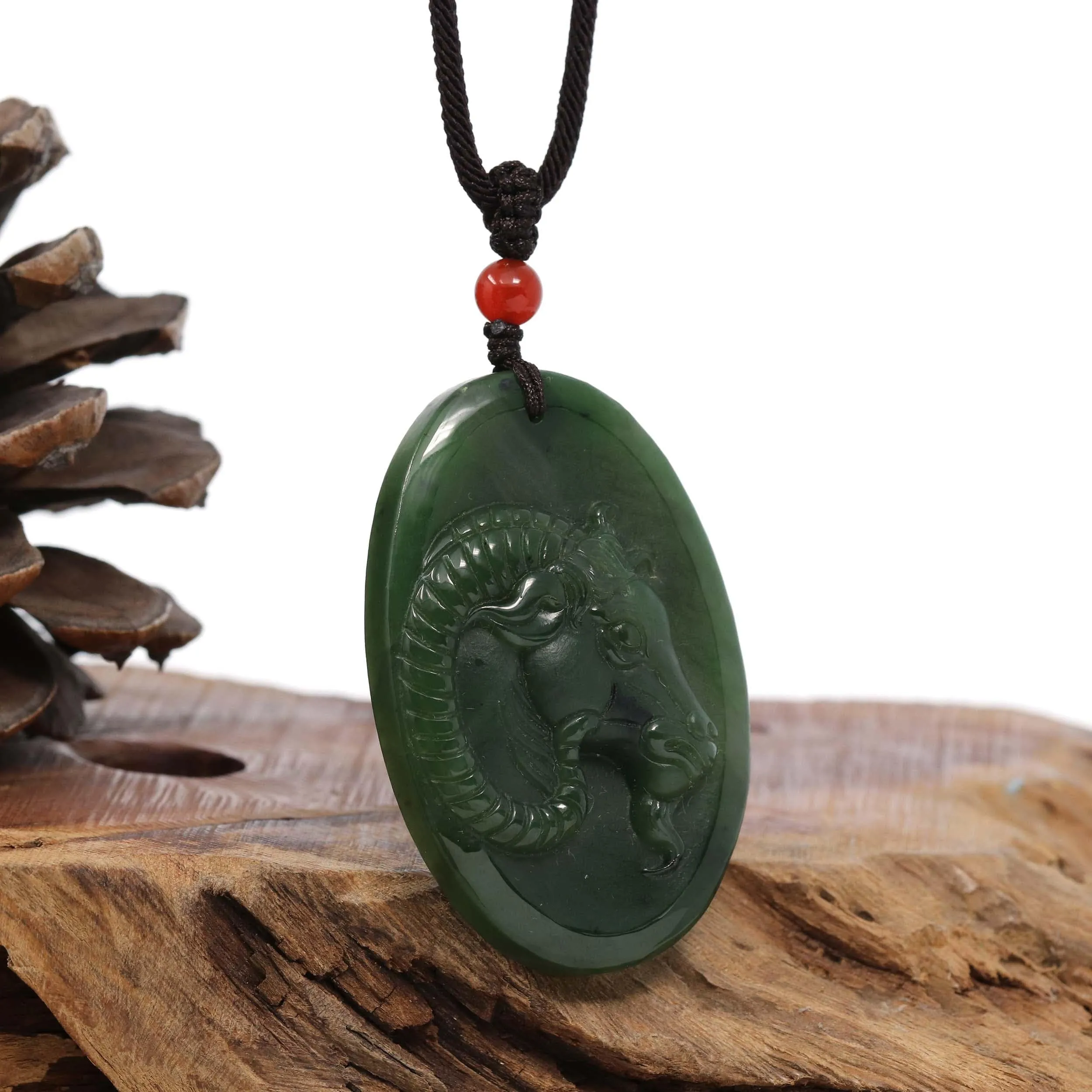 Natural Jade 12 Zodiac: Nephrite Jade Sheep Pendant Necklace in Deep Green