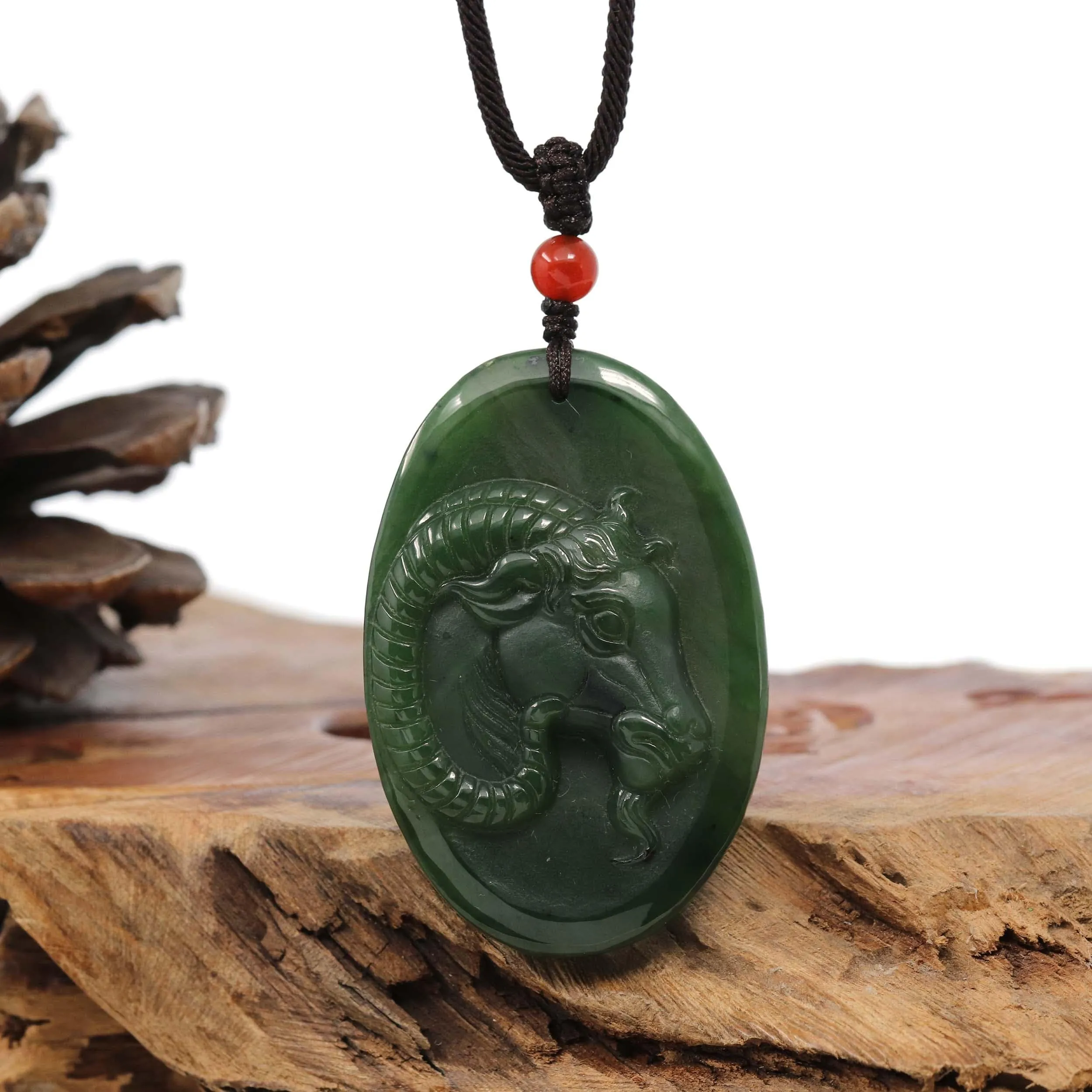 Natural Jade 12 Zodiac: Nephrite Jade Sheep Pendant Necklace in Deep Green