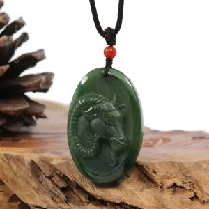 Natural Jade 12 Zodiac: Nephrite Jade Sheep Pendant Necklace in Deep Green