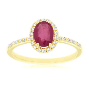 Natural Red Oval Ruby Diamond Halo Pave Band Ring in Yellow Gold